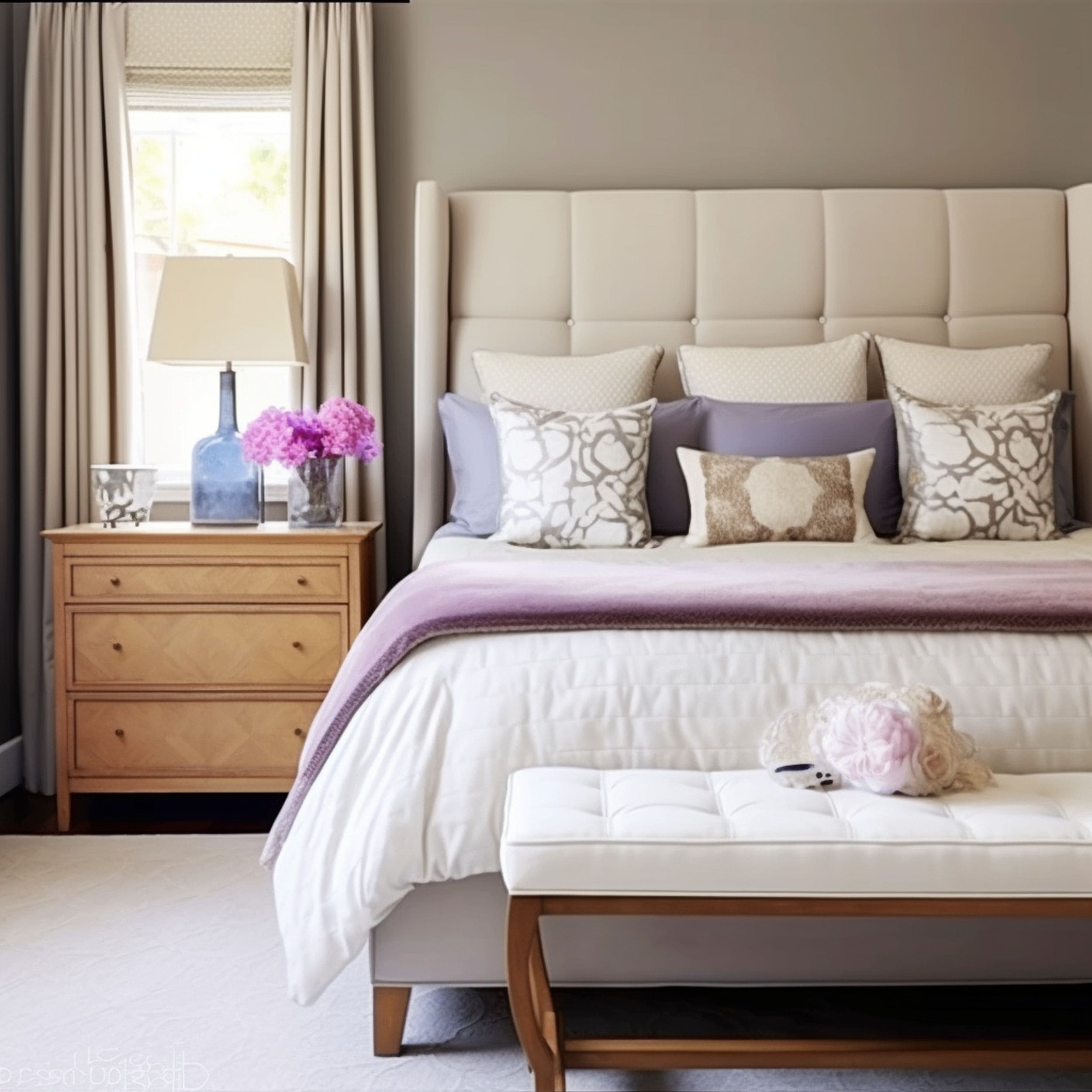 Neutral Toned Bedroom With Lavender Purple Bedding Accents