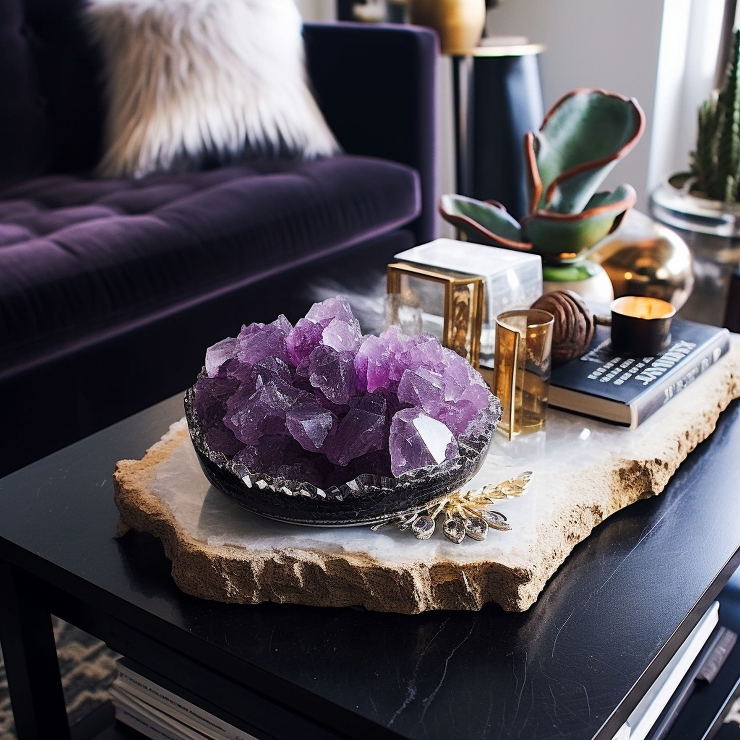 Decorative Amethyst Geode on Coffee Table