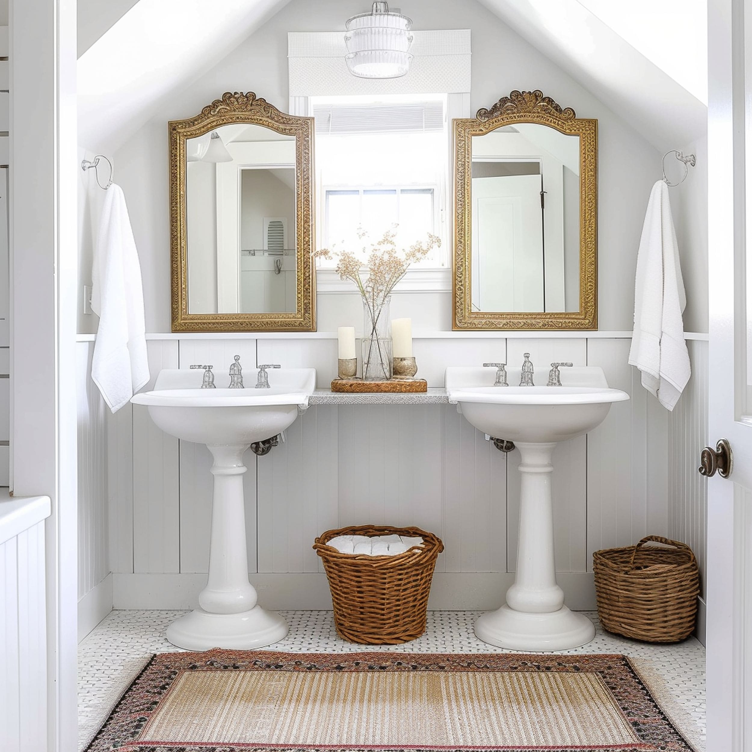 Symmetrical Pedestal Sinks in White Bathroom