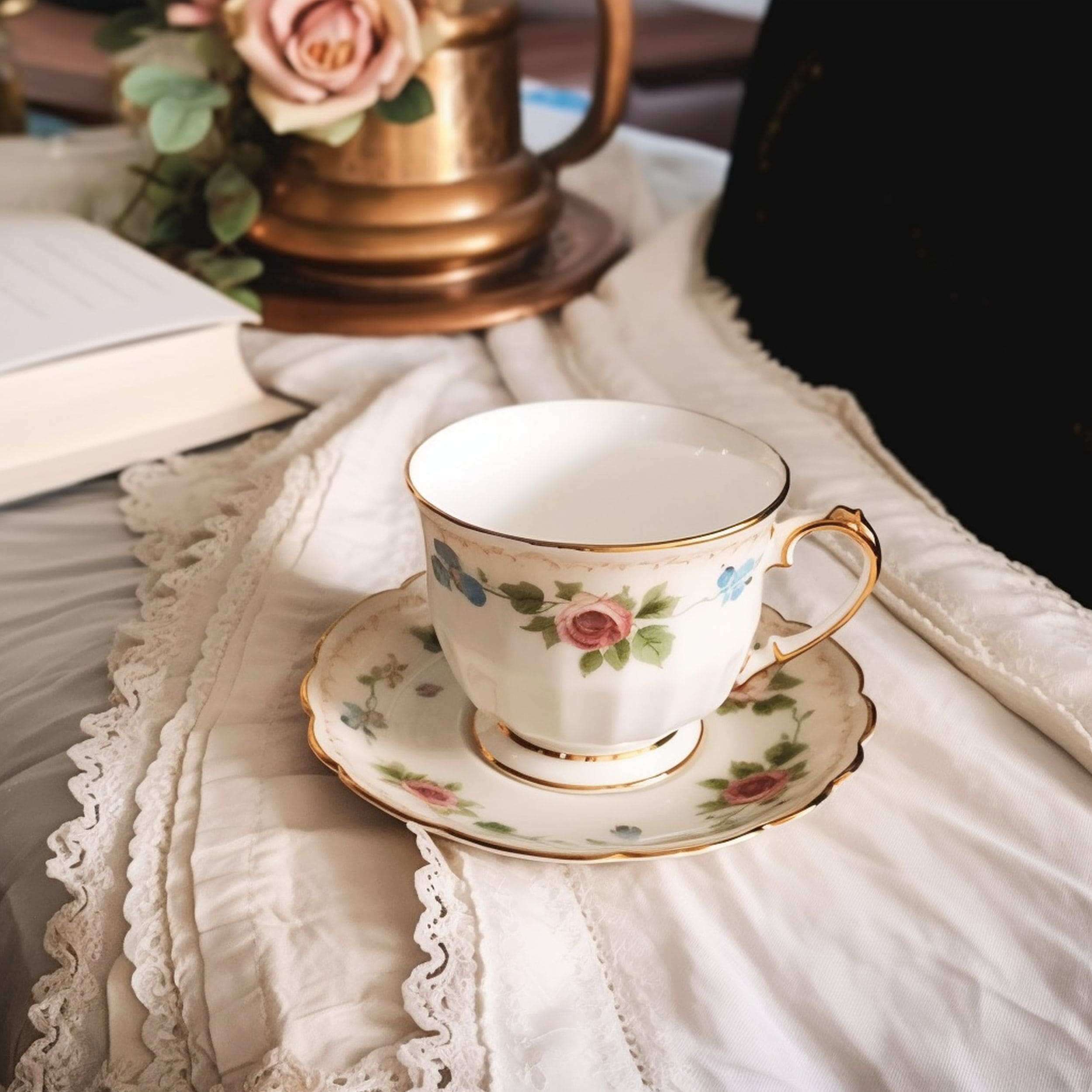 Victorian Inspired Teacup On Vintage Fabrics