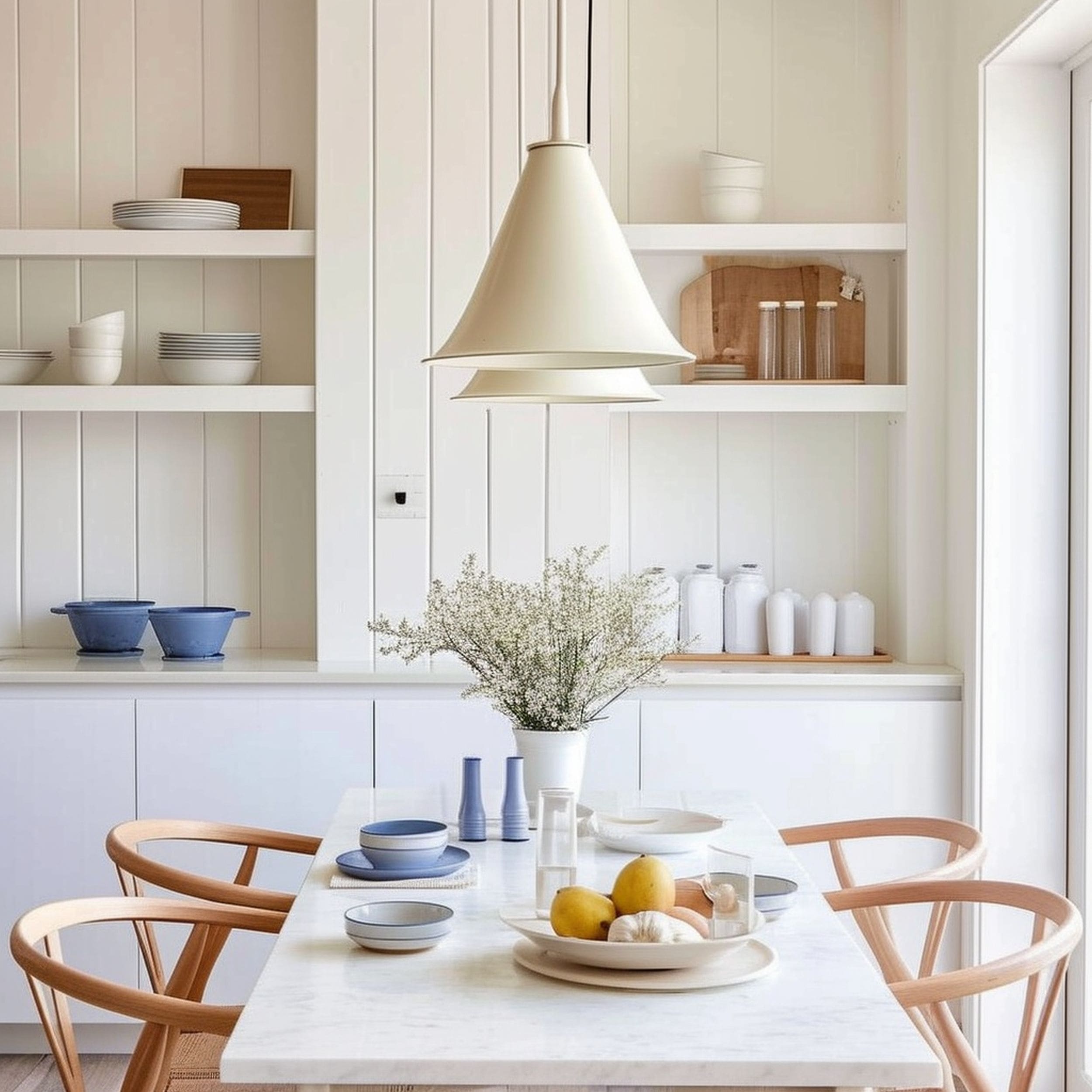 White Dining Room With Pendant Lights