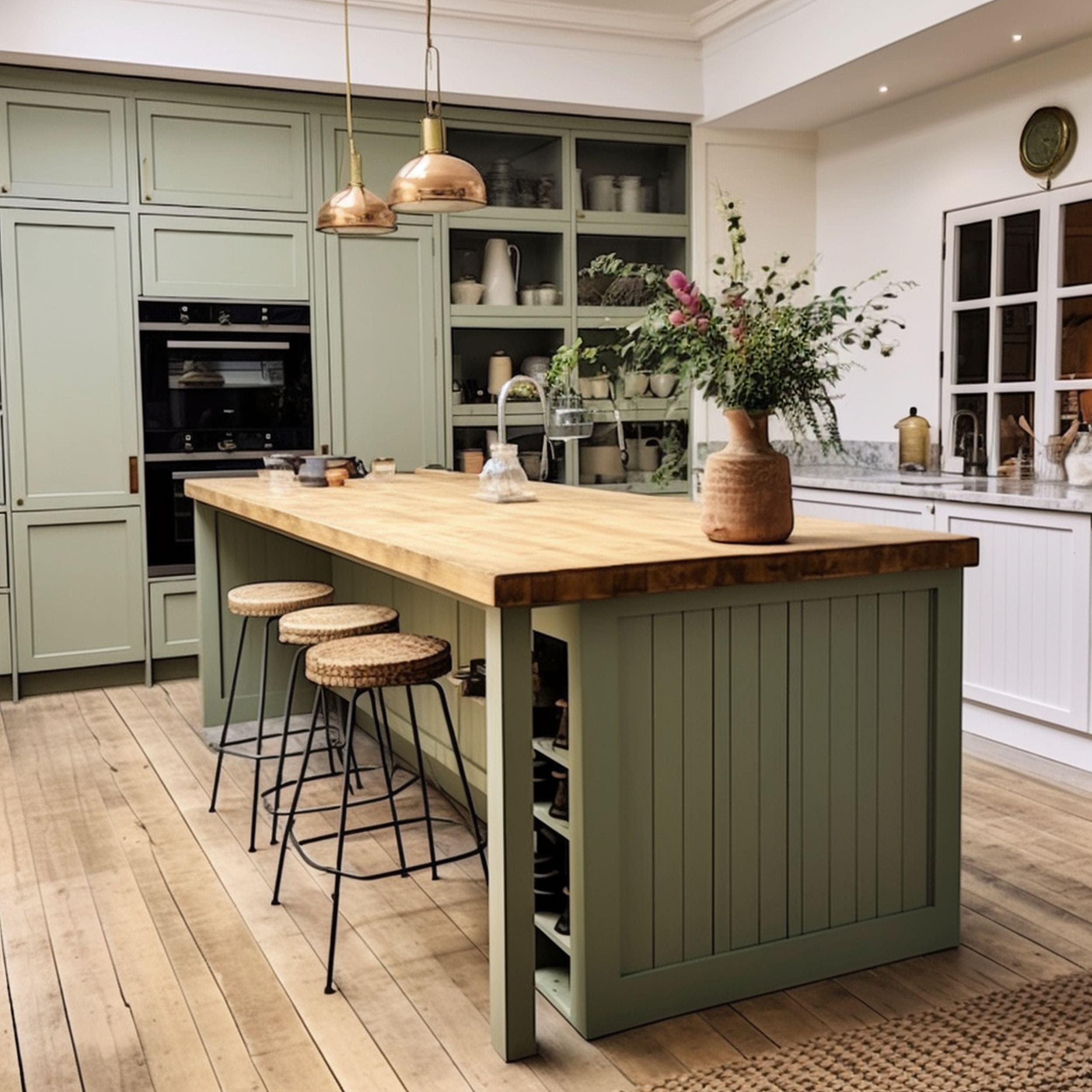 Kitchen With Sage Green Cabinets And Painted Kitchen Island