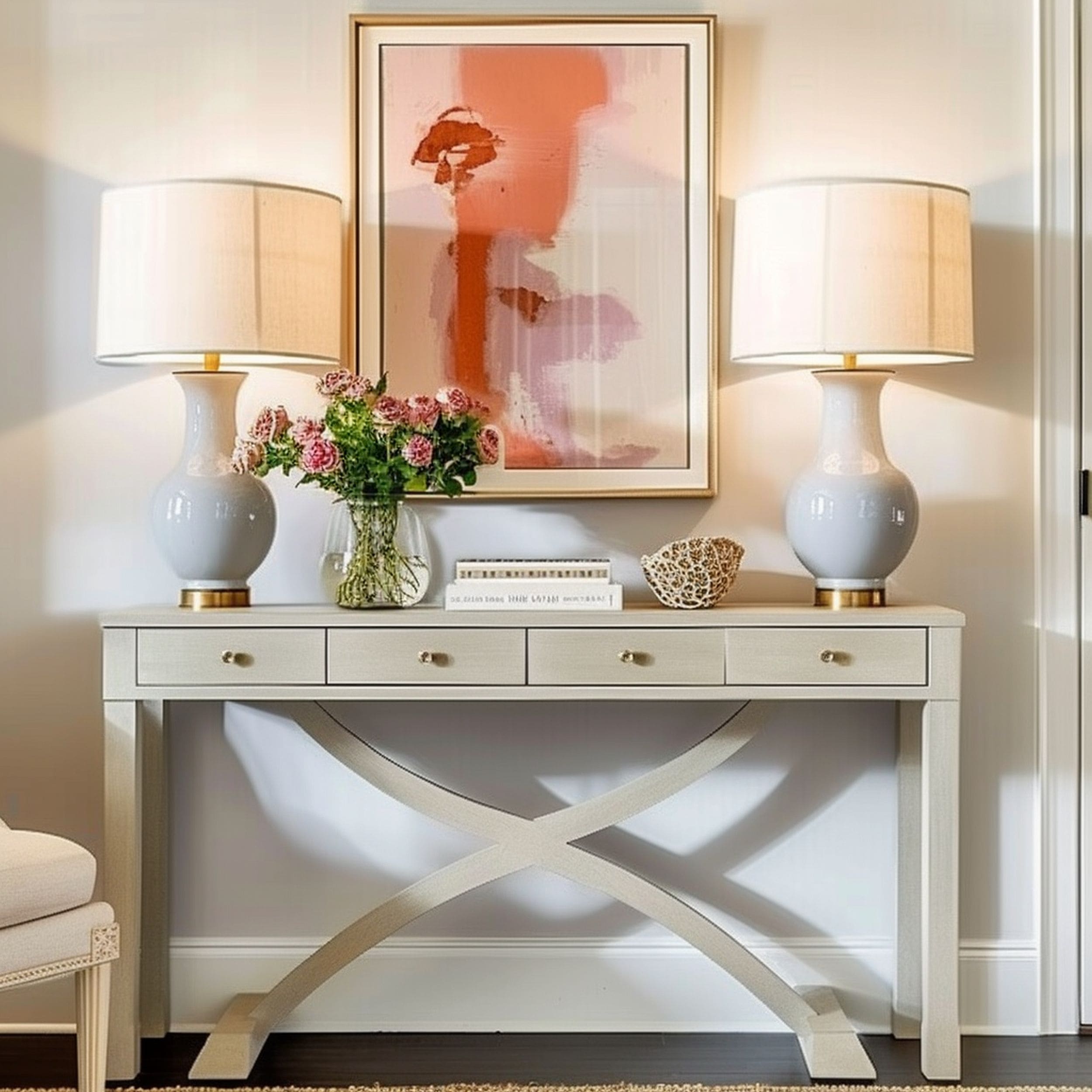 Neutral Console Table in Transitional Living Room