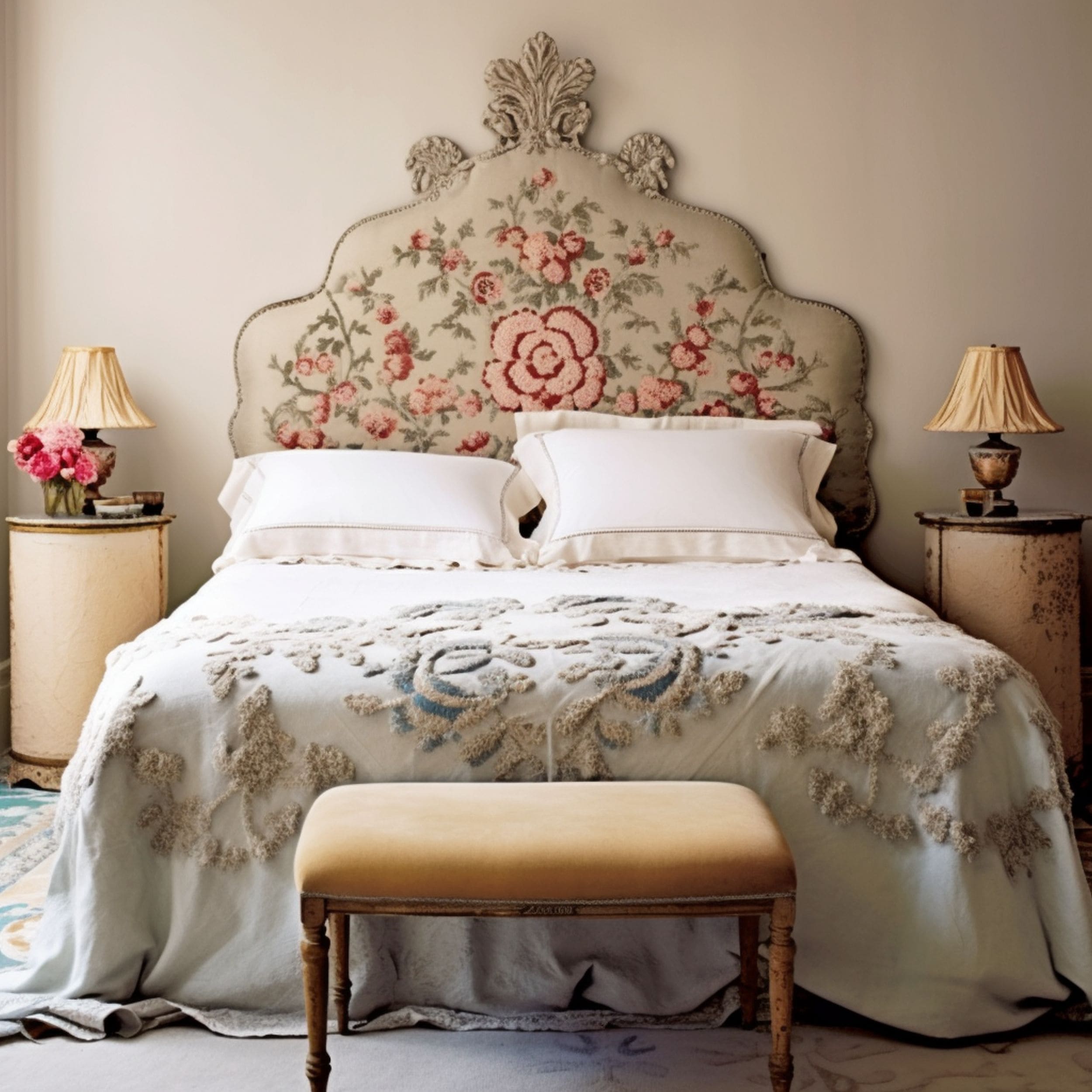 Shabby Chic Bedroom With Ornate Bed Headboard