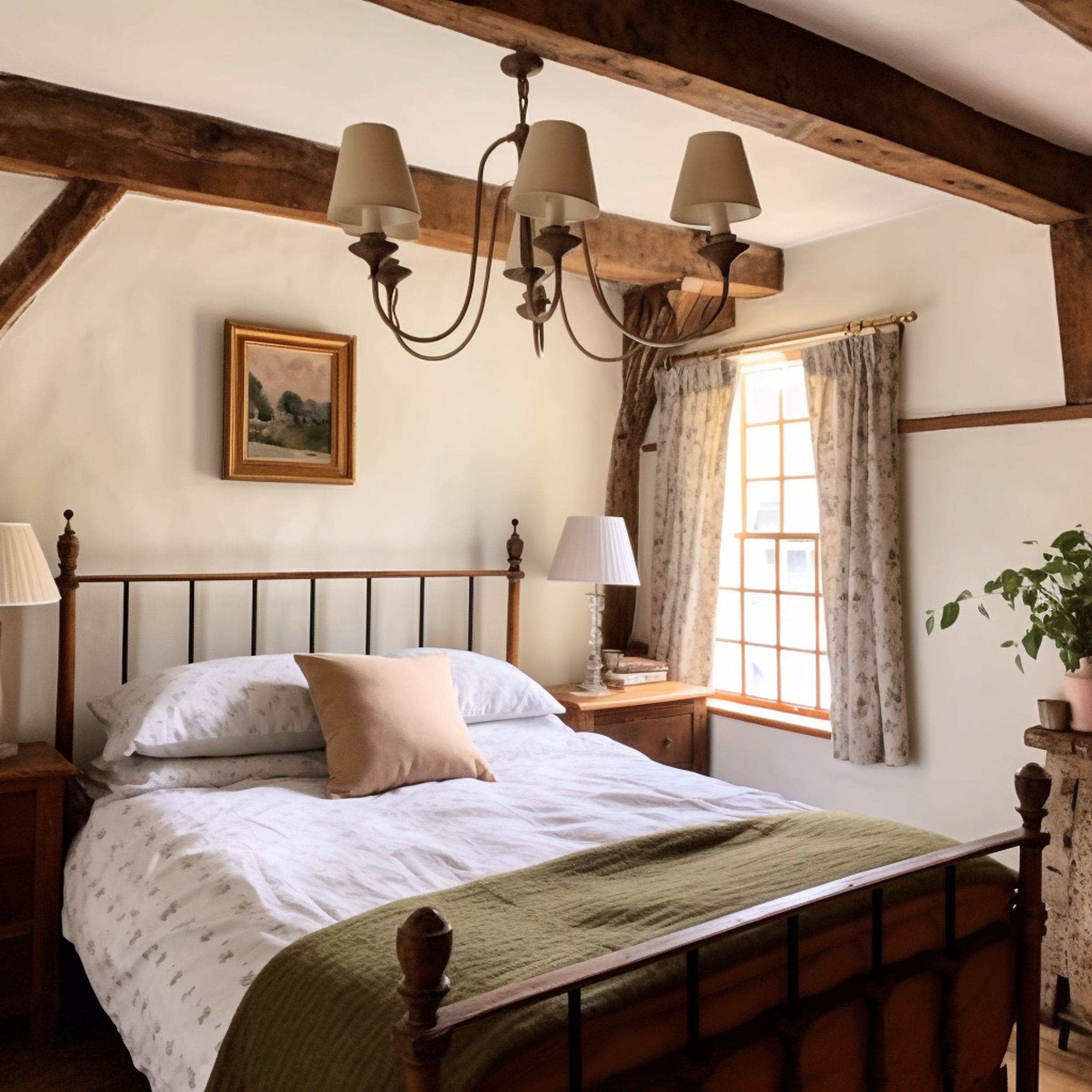 Cottagecore Bedroom With Rustic Ceiling Wood Beams