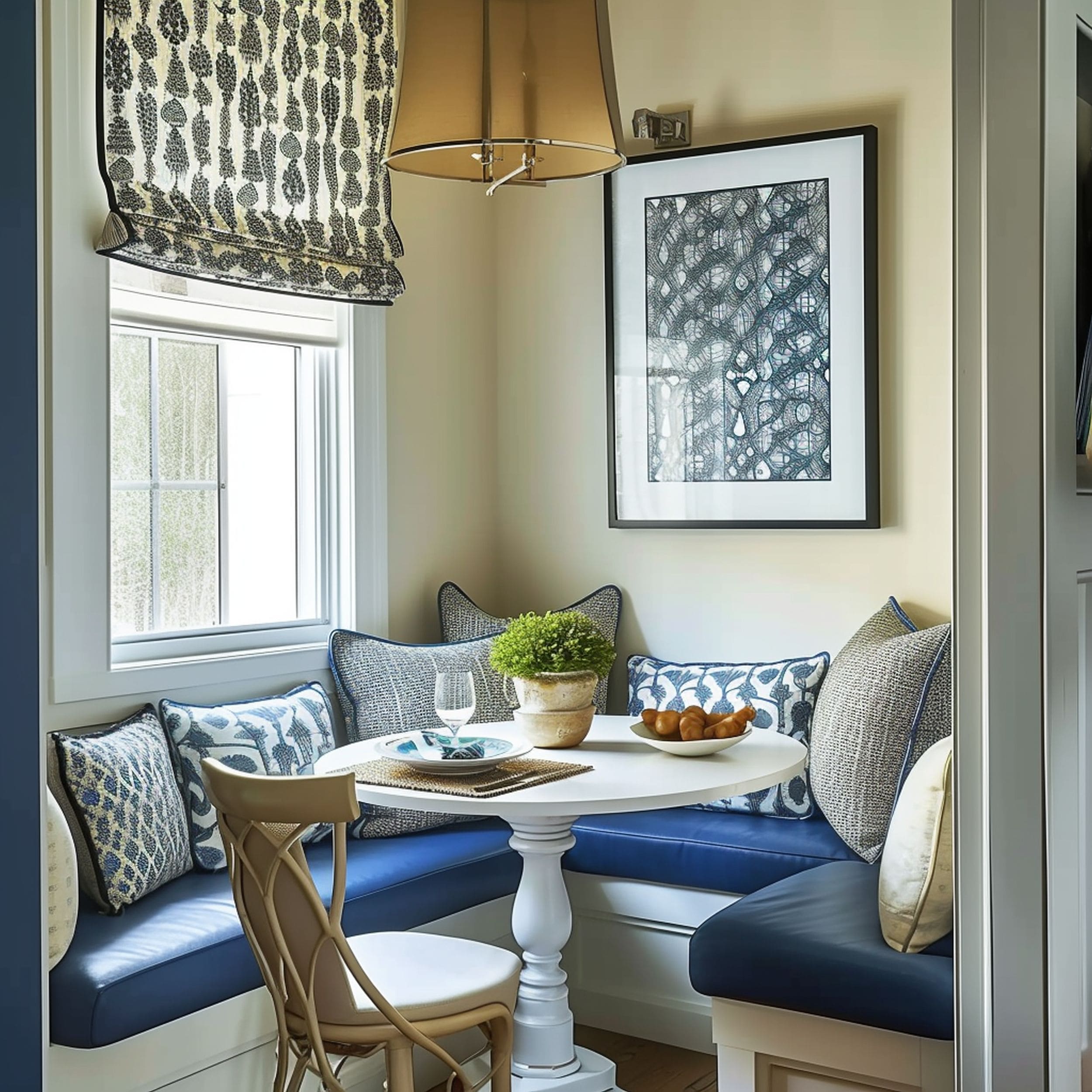 Ecru Breakfast Nook With Blue Patterned Pillows