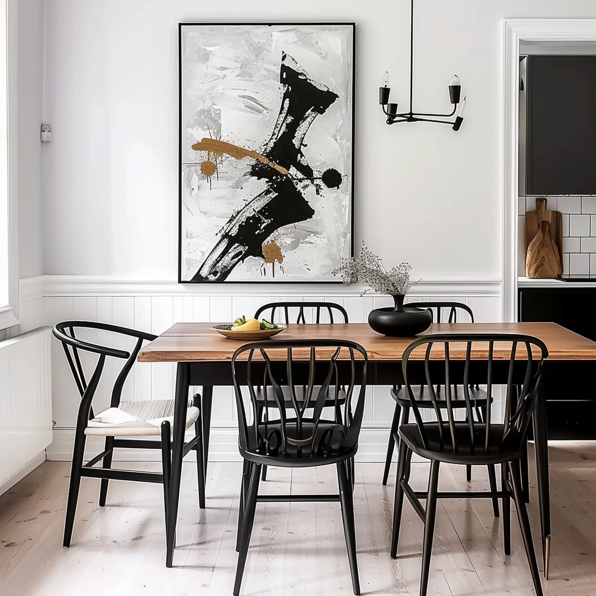 White Dining Room With Abstract Artwork