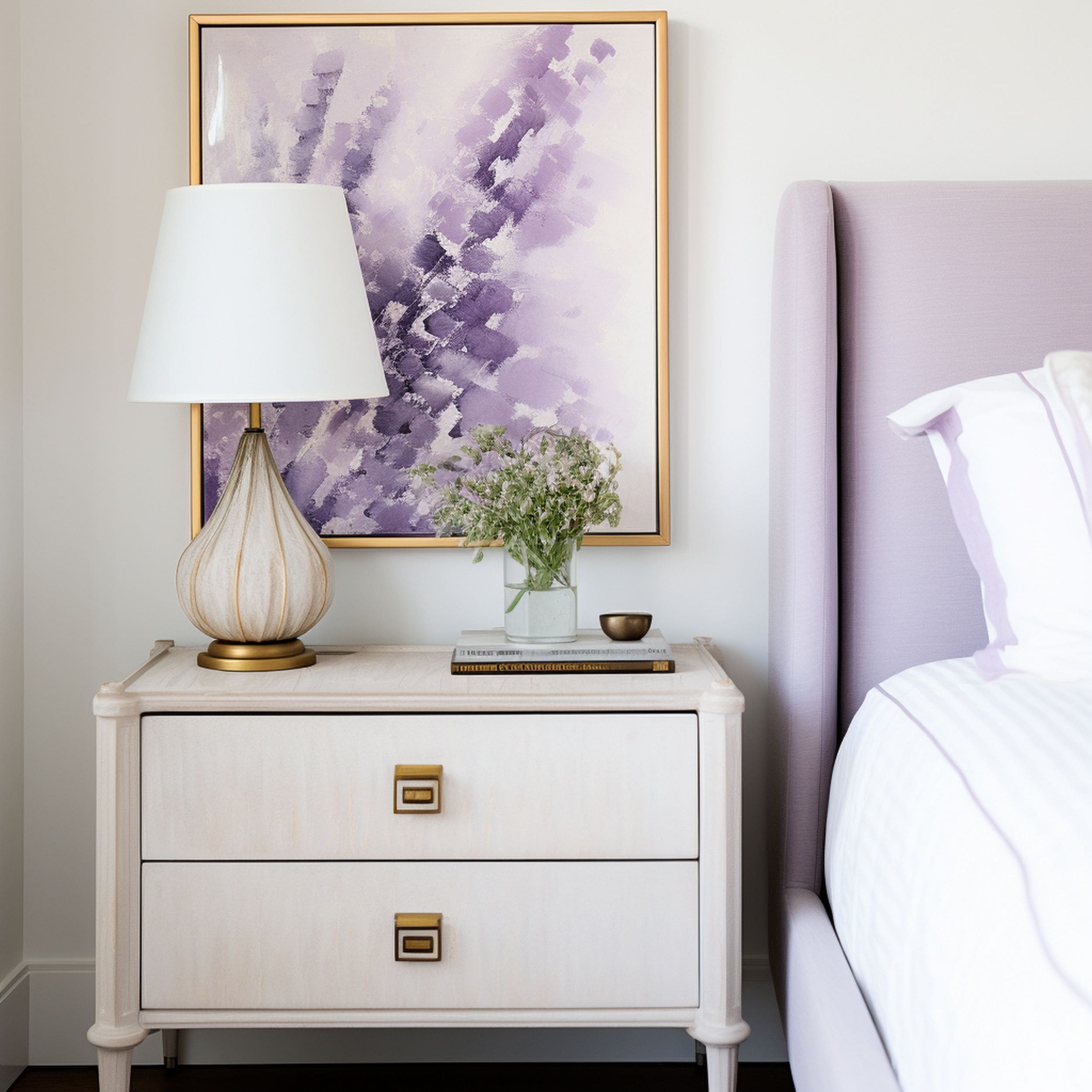 Lavender Purple Artwork Above Nightstand