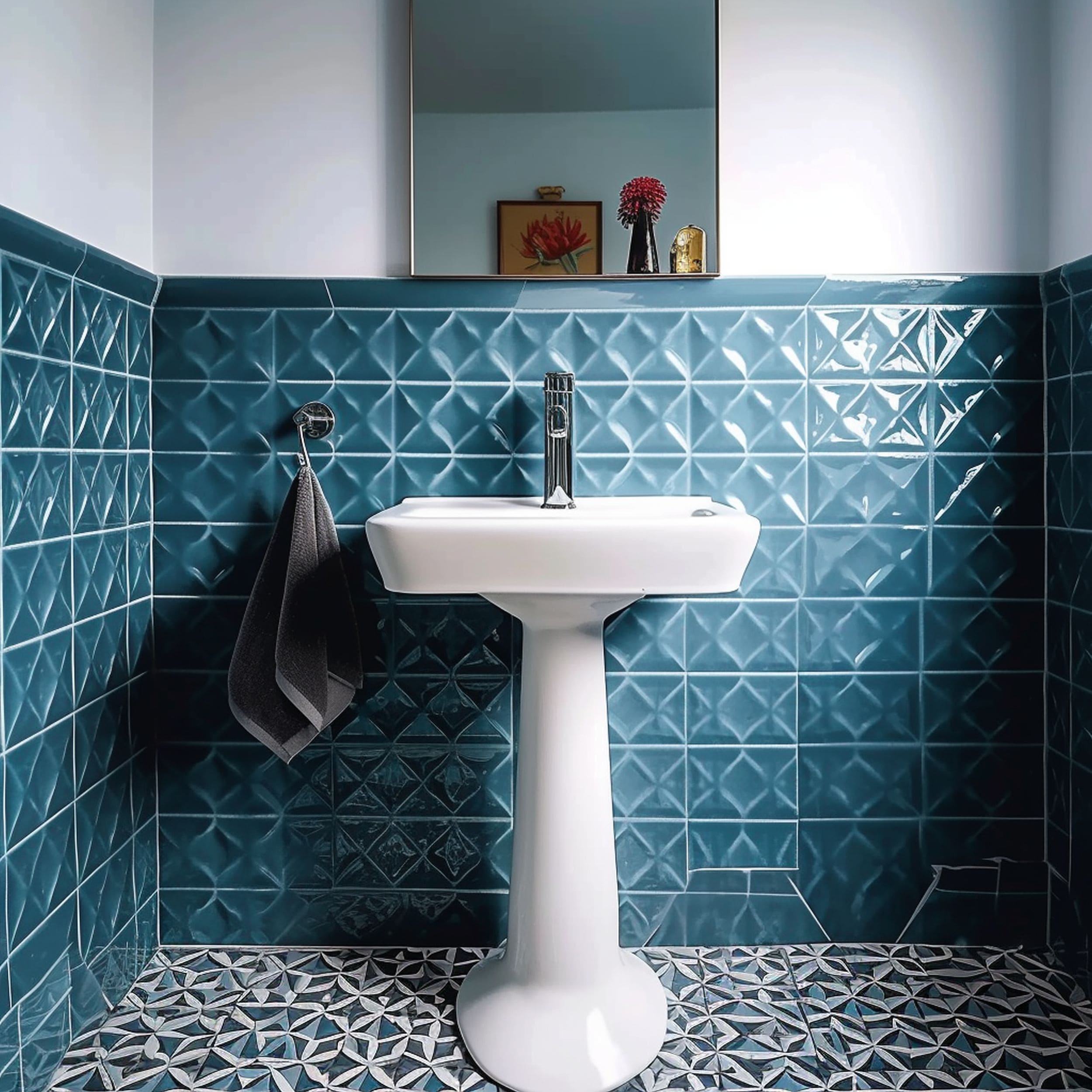 Retro Blue Bathroom With Pedestal Sink