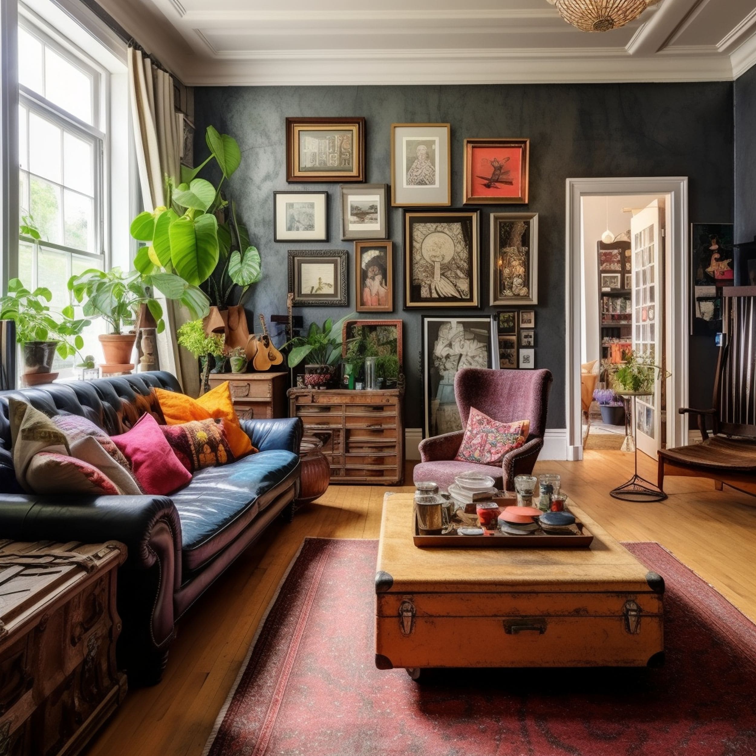 Cluttercore Living Room With Vintage Trunk Table