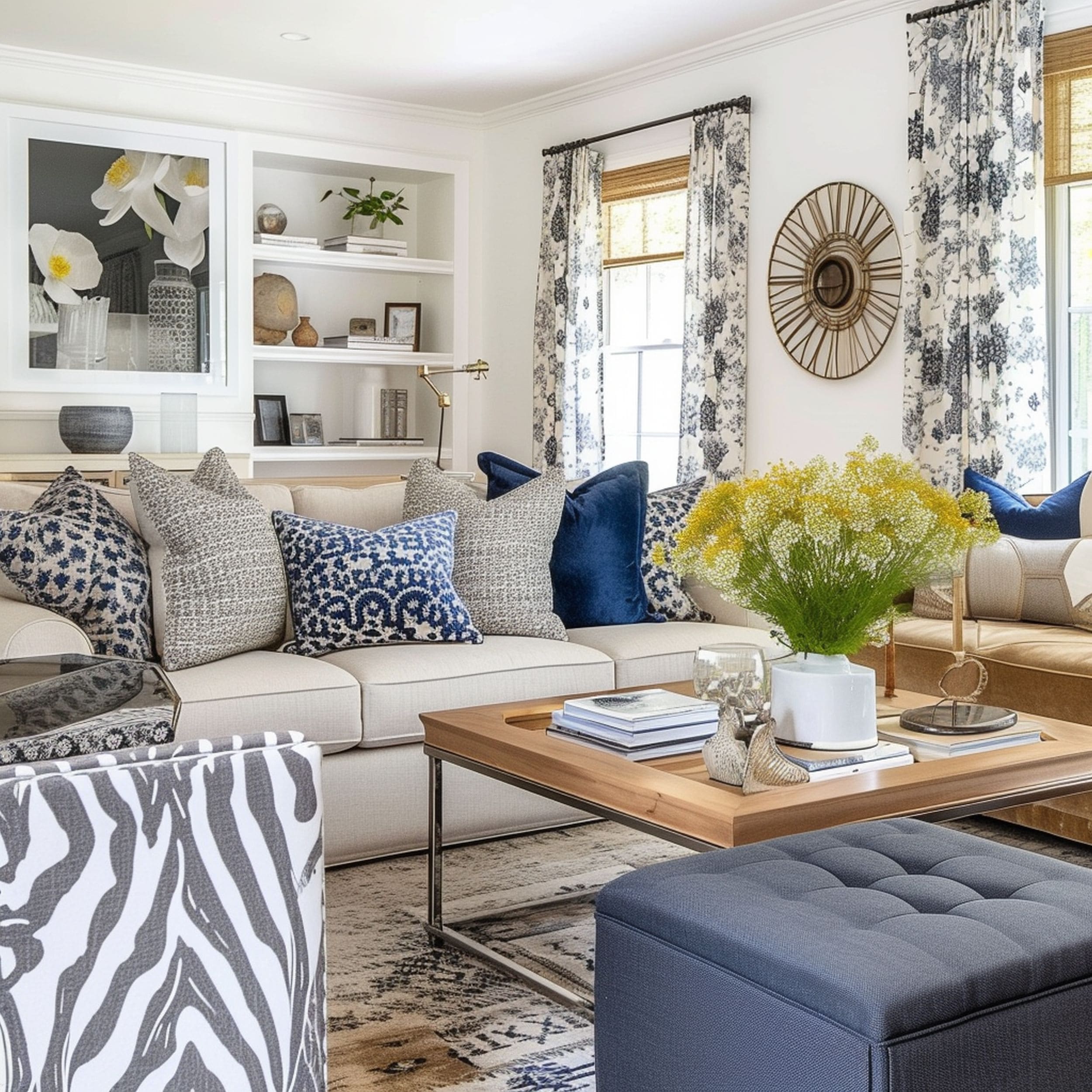 Different Textiles in Transitional Living Room 