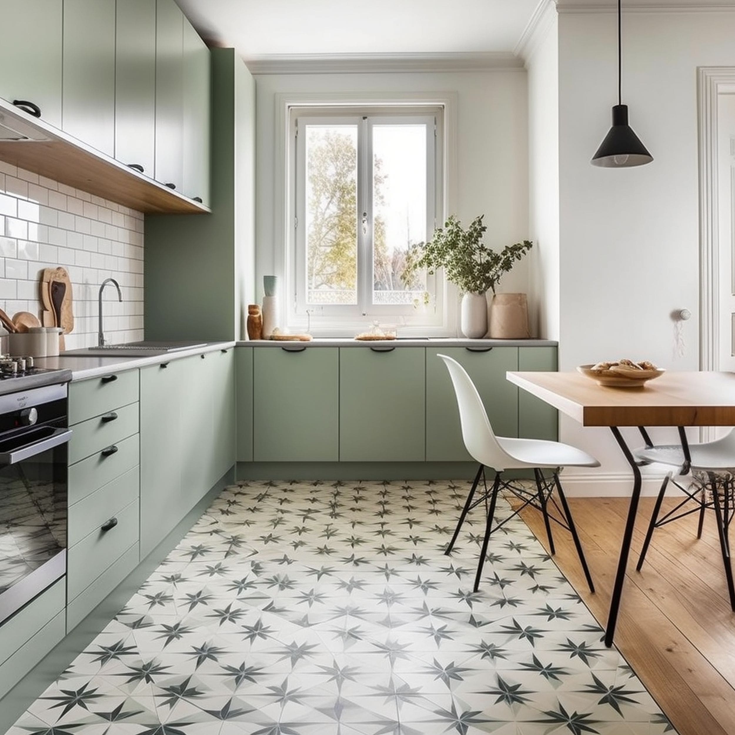 Kitchen With Sage Green Cabinets and Patterned Floor