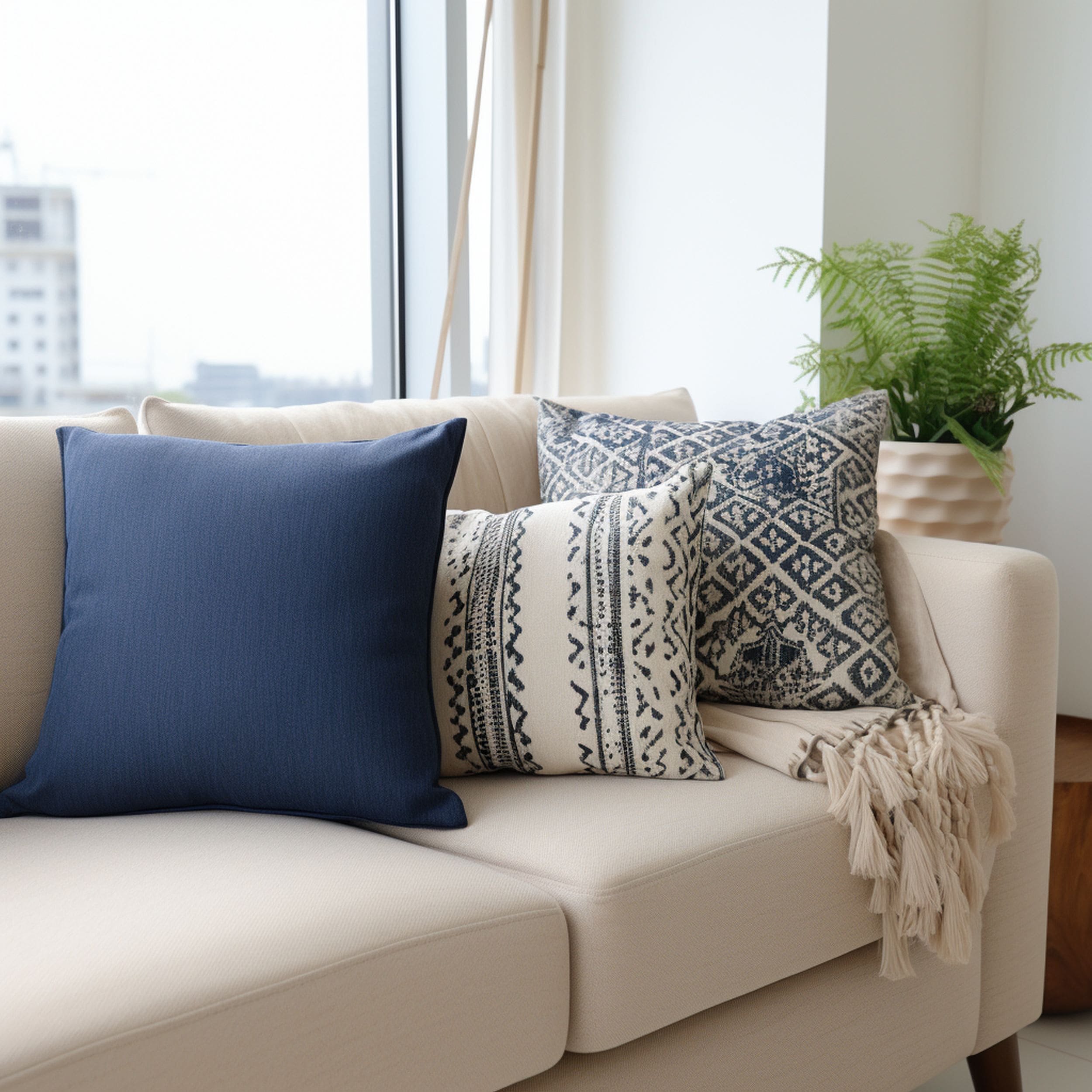 Patterned Blue Throw Pillows on the Sofa