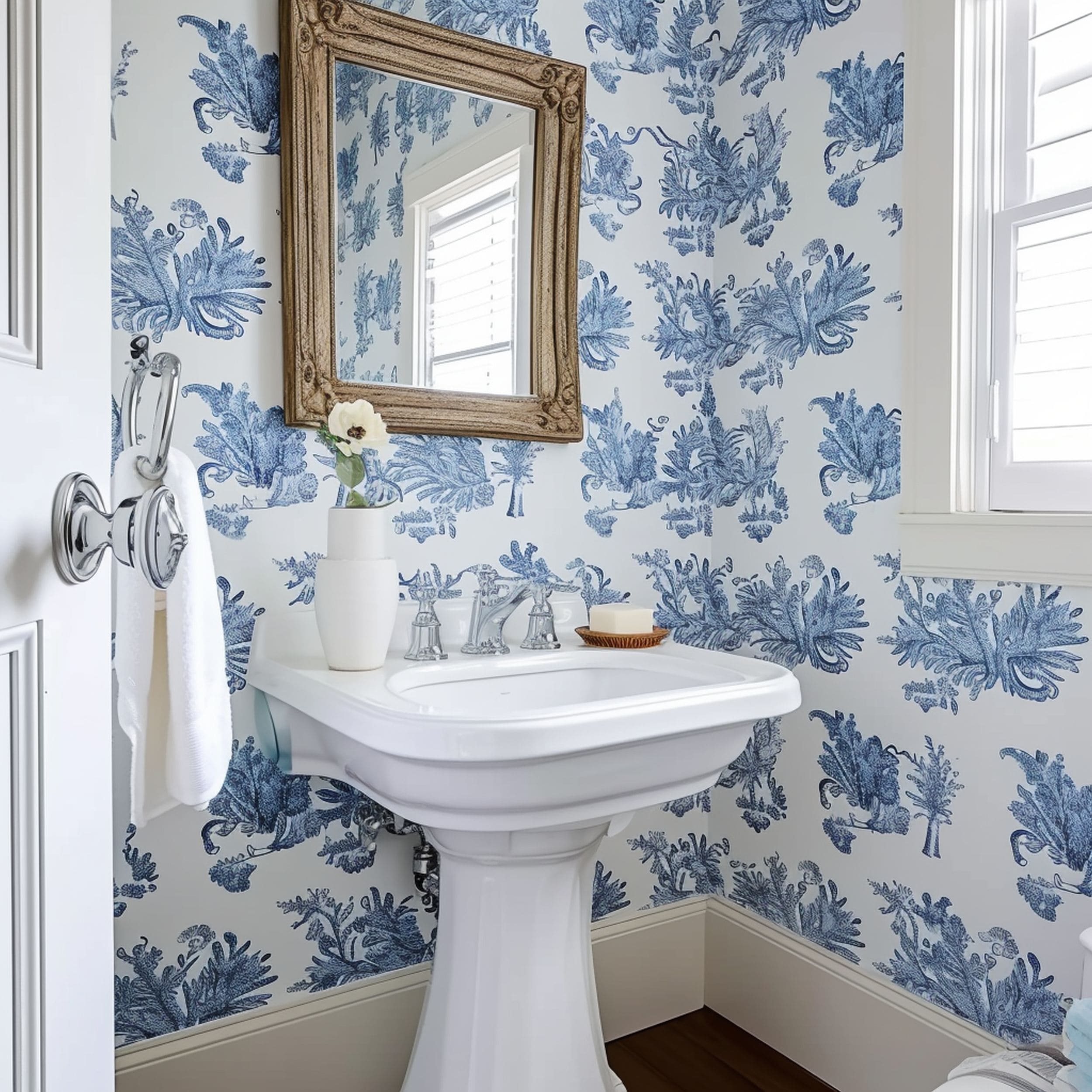 Blue Wallpaper Bathroom With Pedestal Sink