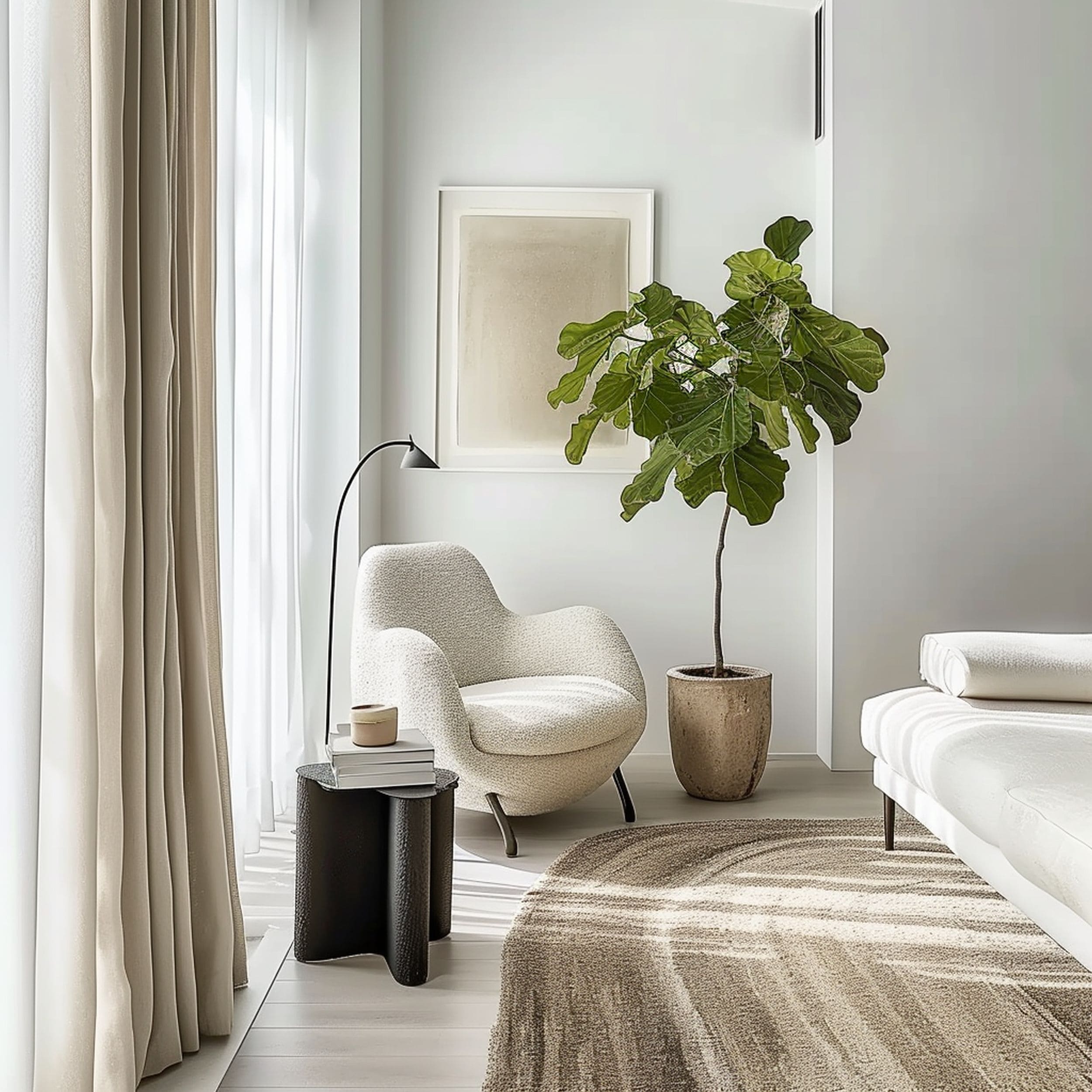 Ecru Chair and Curtains in Living Room