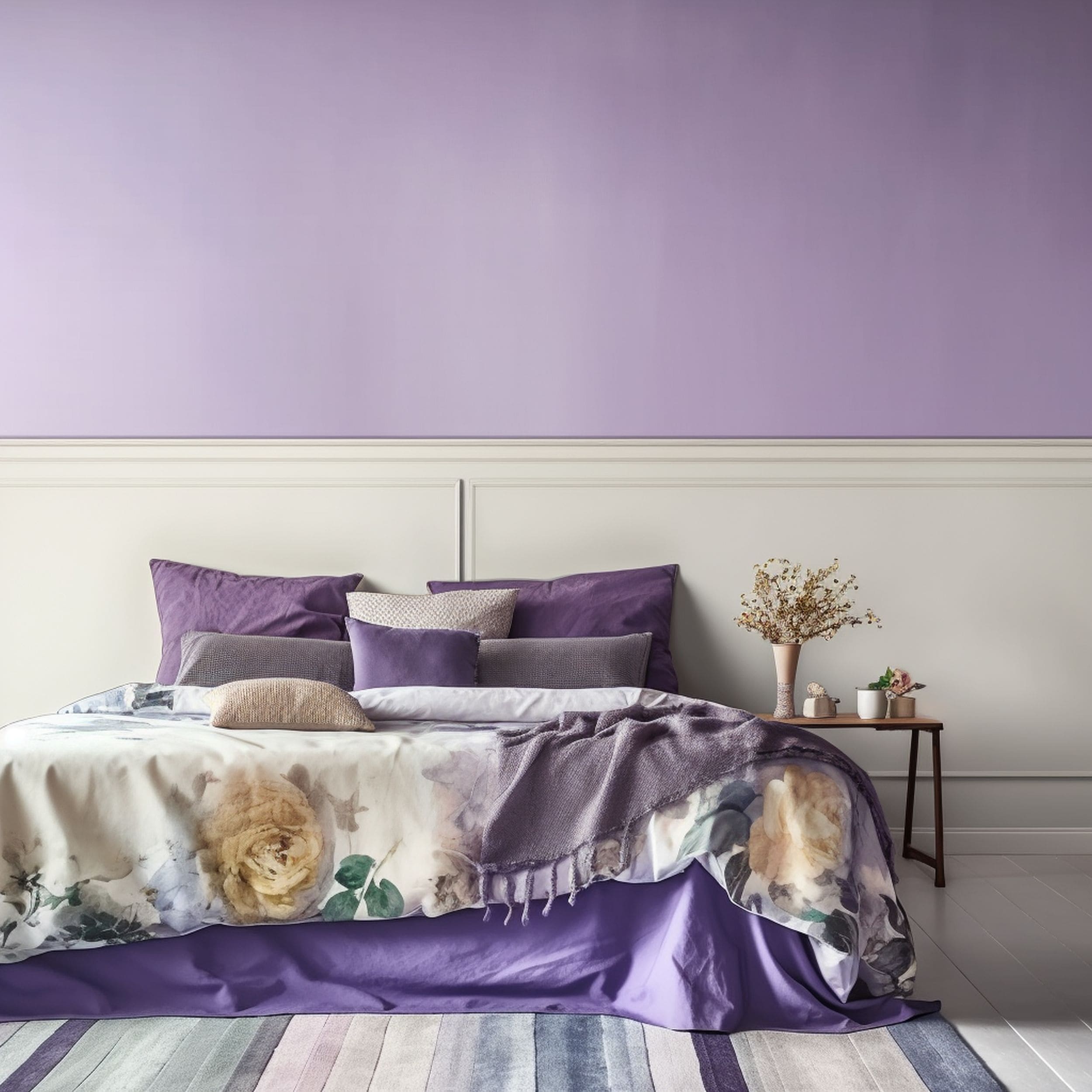 Two Tone Bedroom With Lavender Purple and White Wall Colors