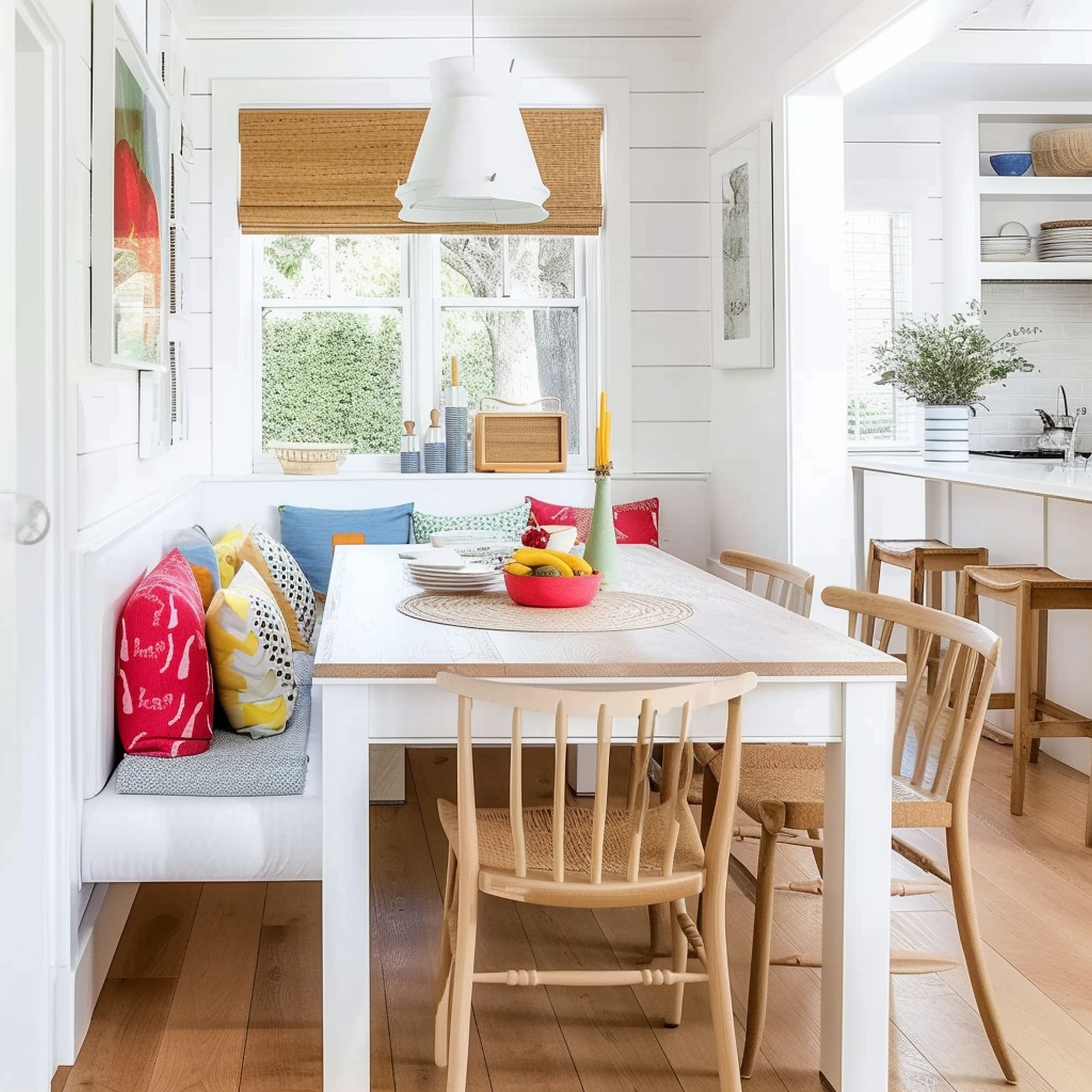 White Dining Room With Colorful Accents