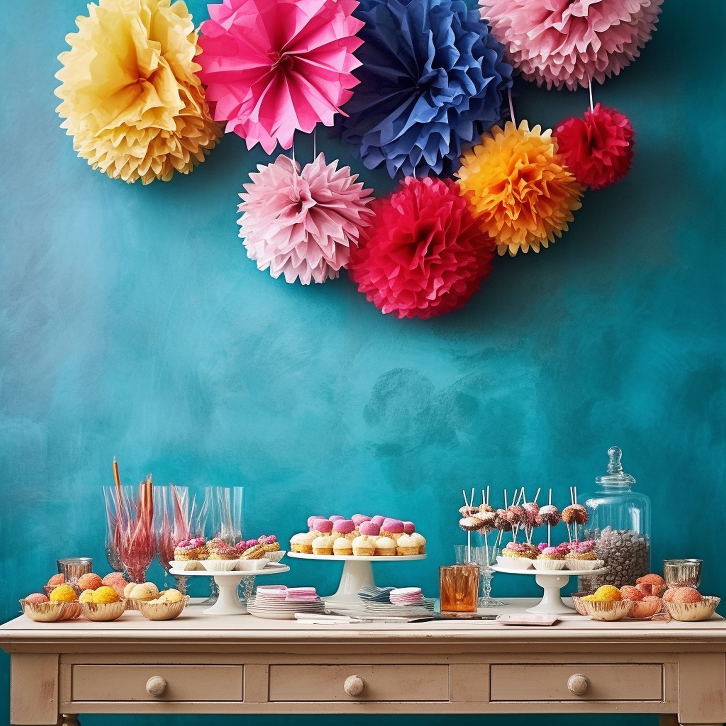 Colorful Paper Poms Above Cake Bar