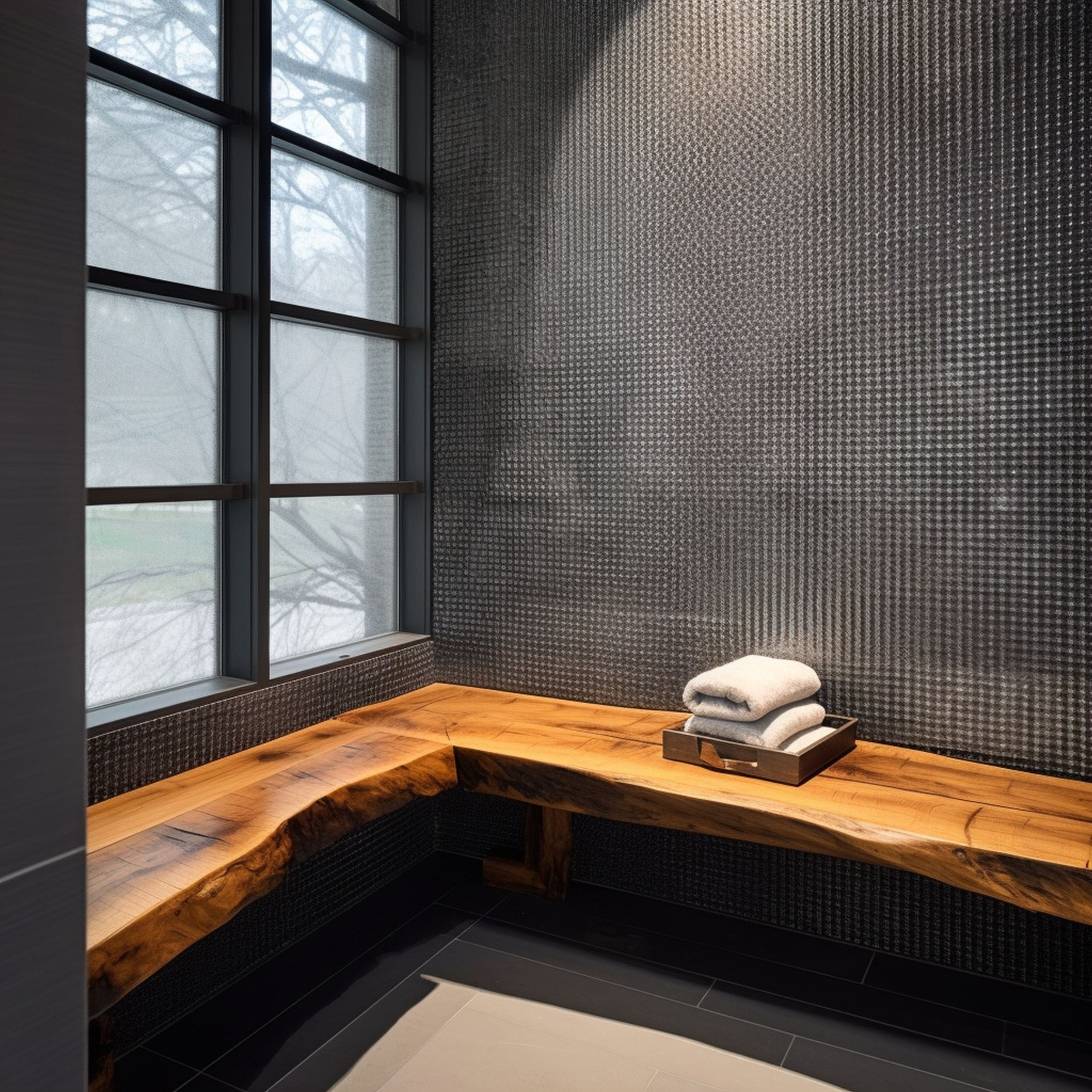 Modern Indoor Sauna With Rustic Benches