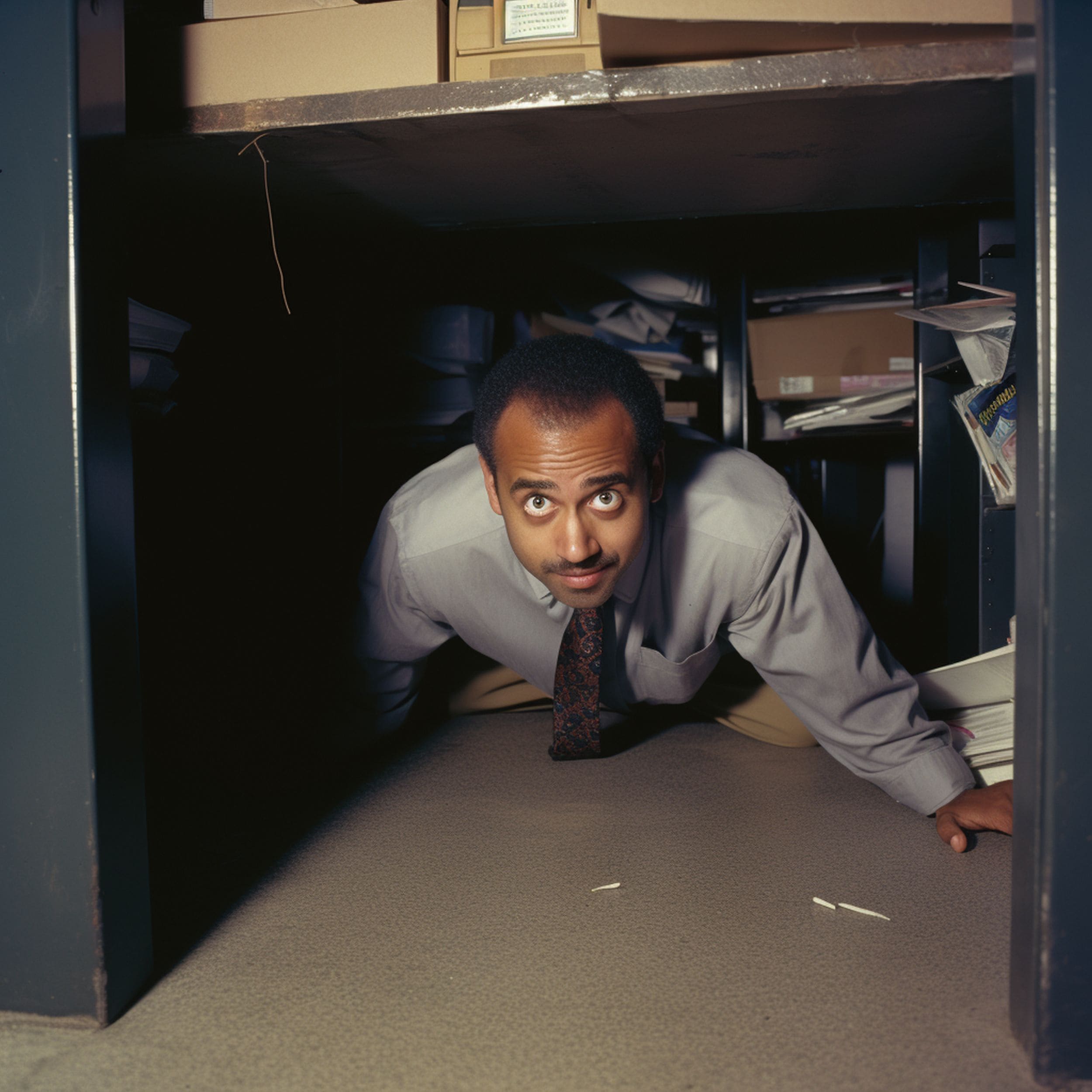 Man Hiding Under Desk During Earthquake