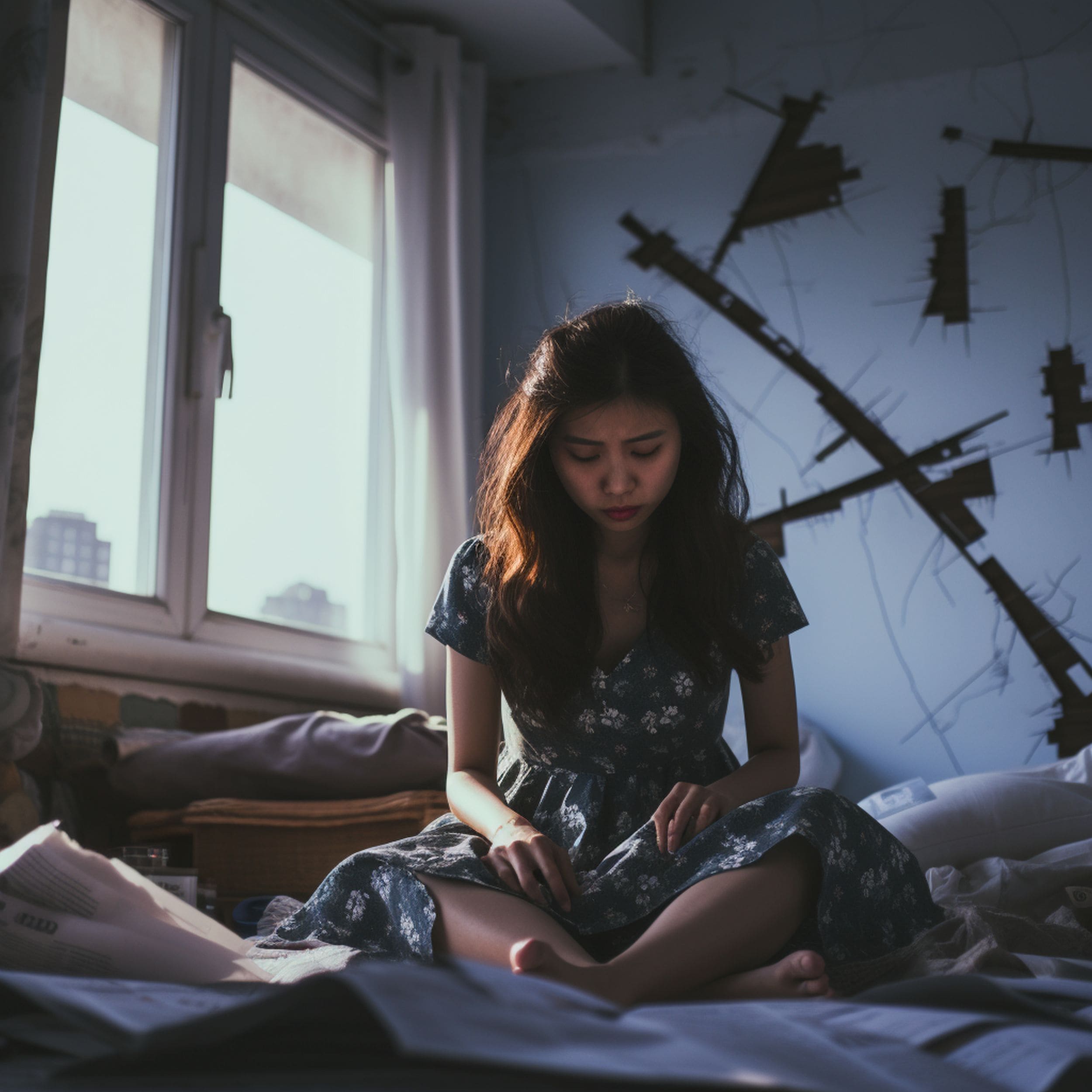 Woman Sitting on the Bed During and Earthquake