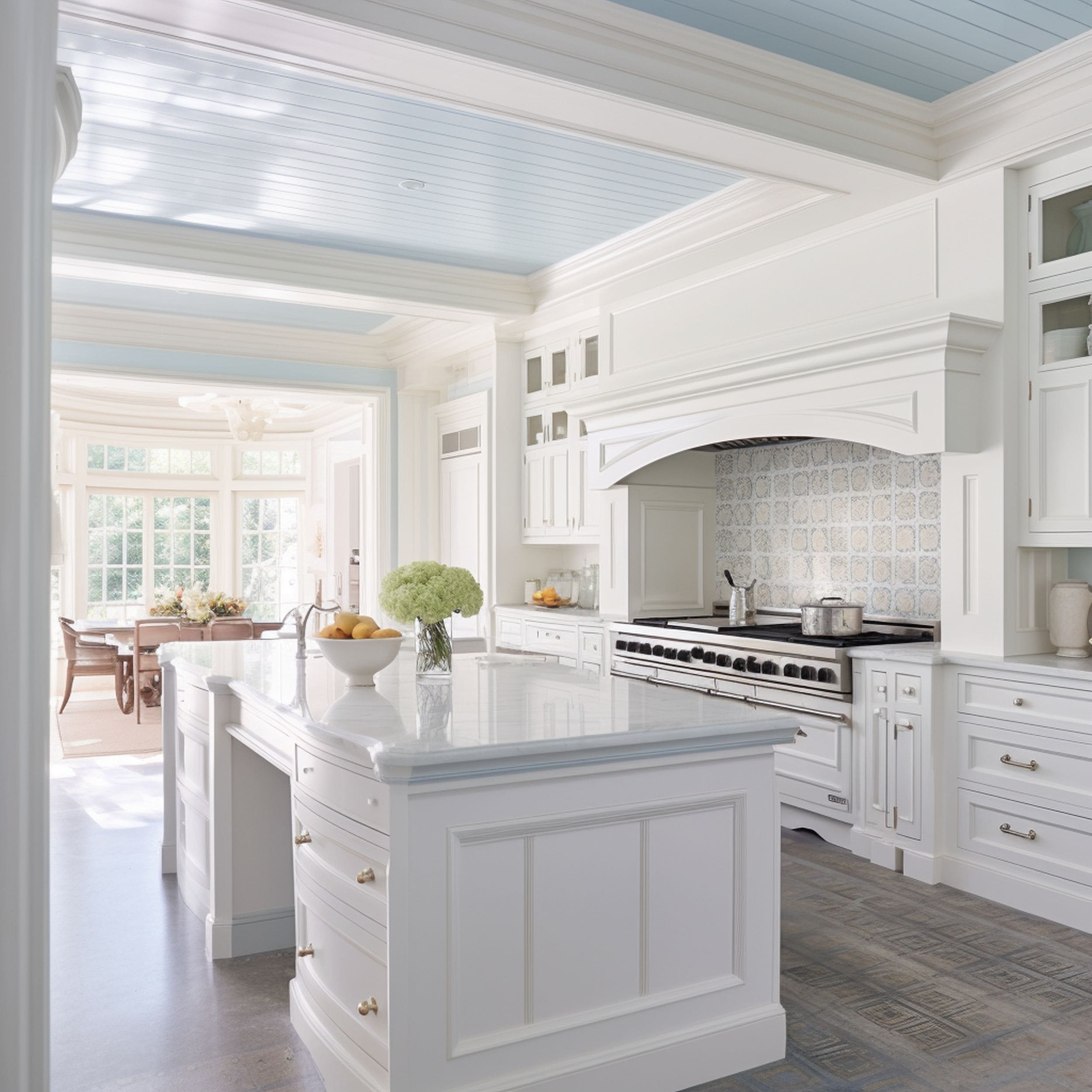 Blue Painted Ceiling in White Kitchen