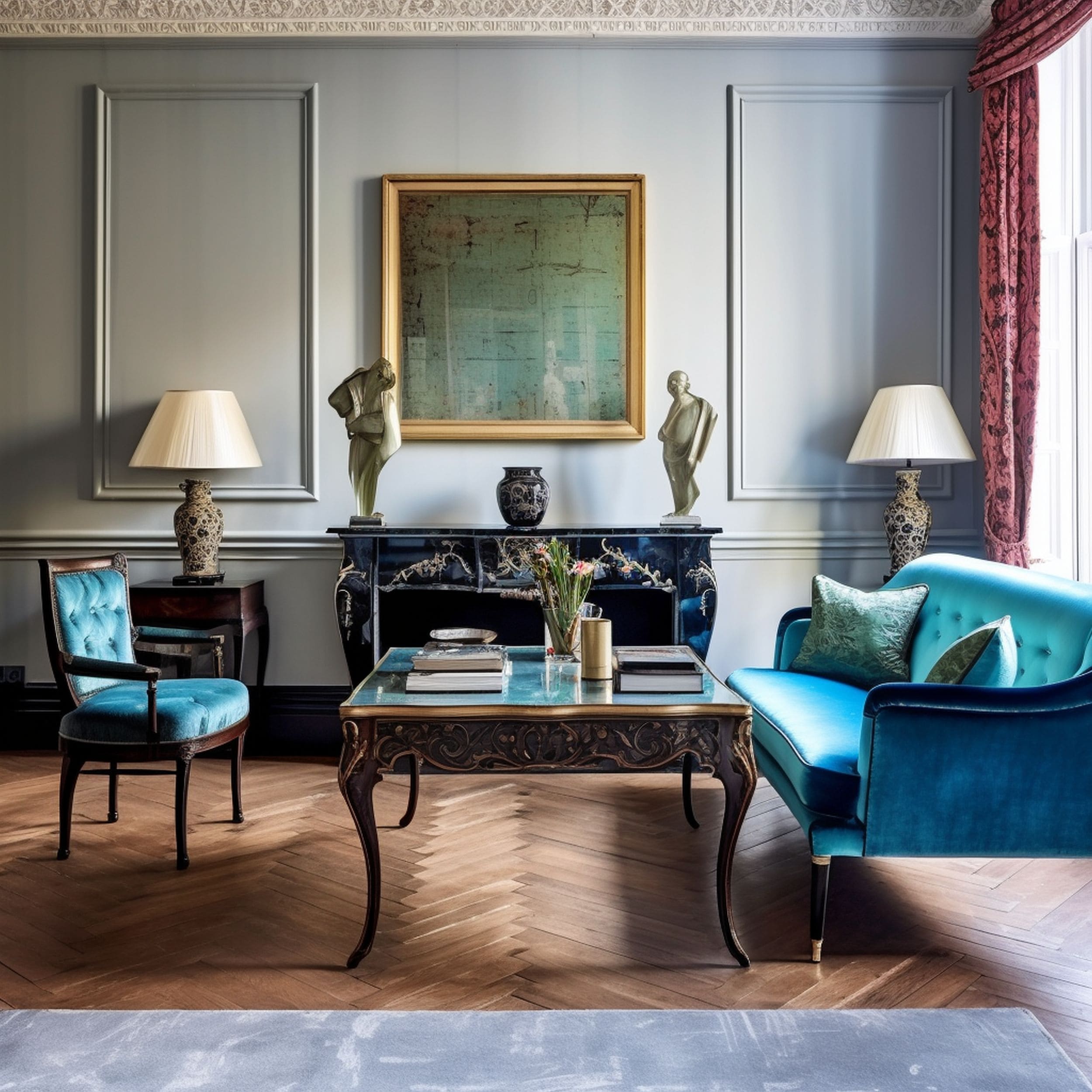 Traditional Living Room With Elegant Antique Fireplace