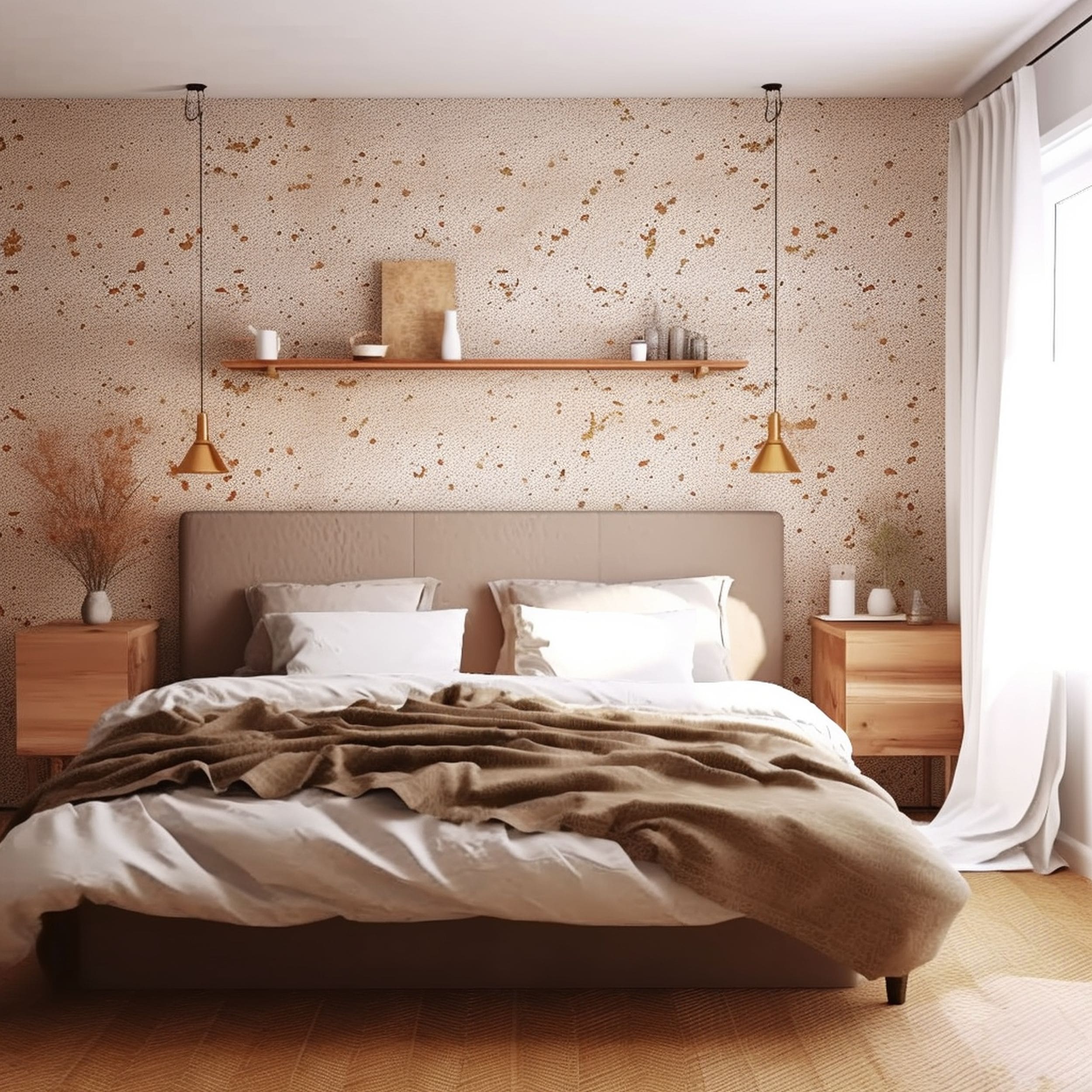 Stylish Bedroom With Wallpaper Featuring Brown Speckles