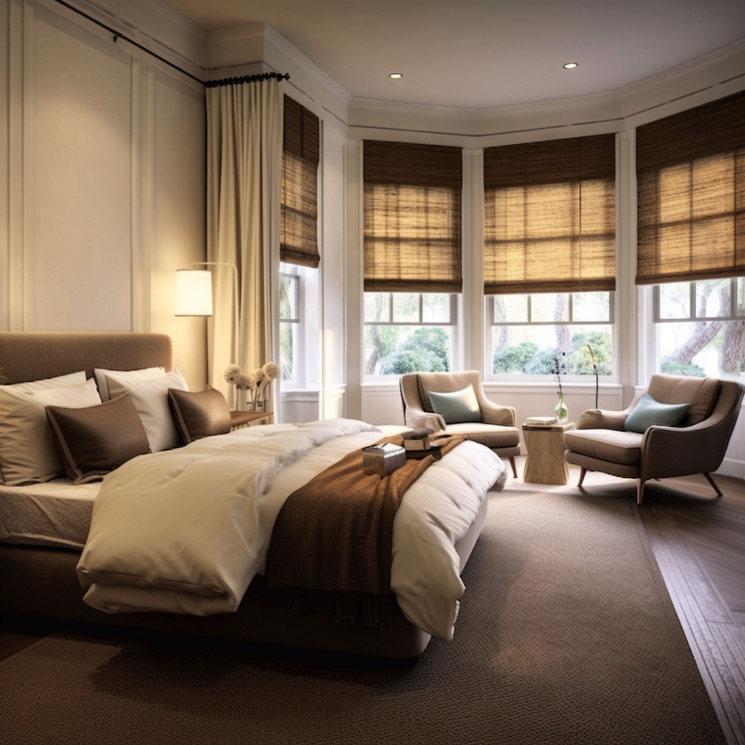 Brown Bedroom With Bay Windows
