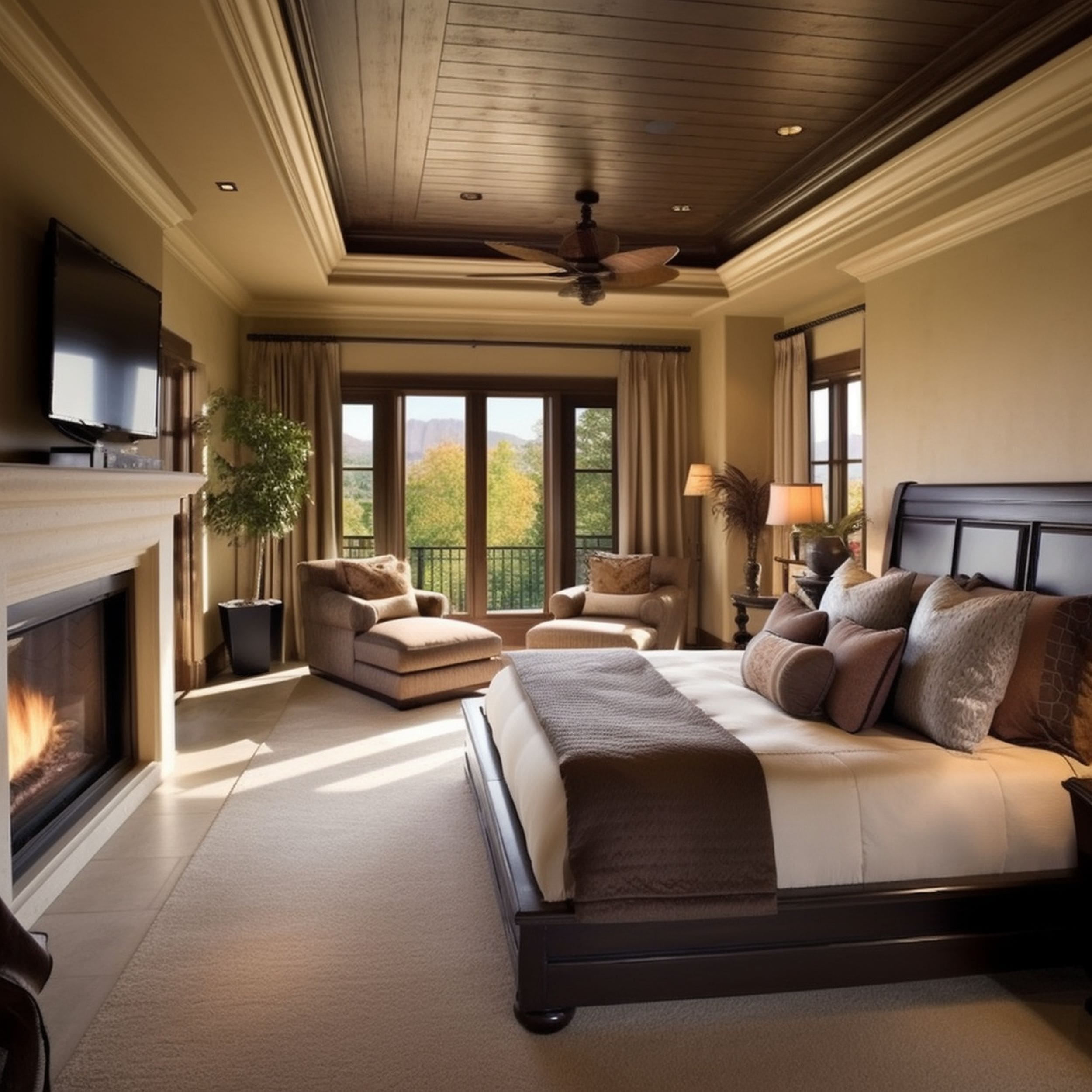 Brown Bedroom With Painted Ceiling