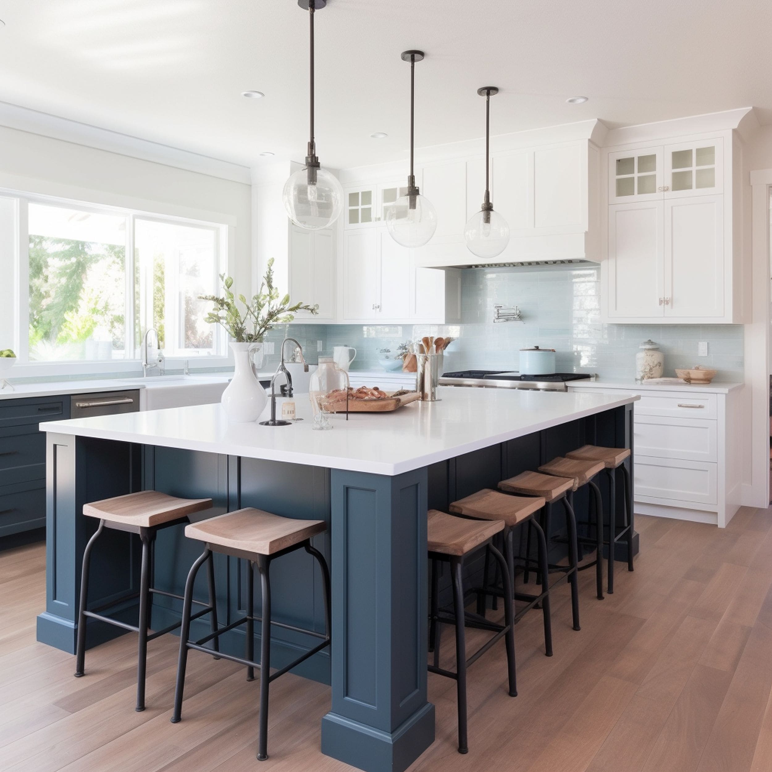 Kitchen With Dark Blue Island and Pale Blue Backsplash