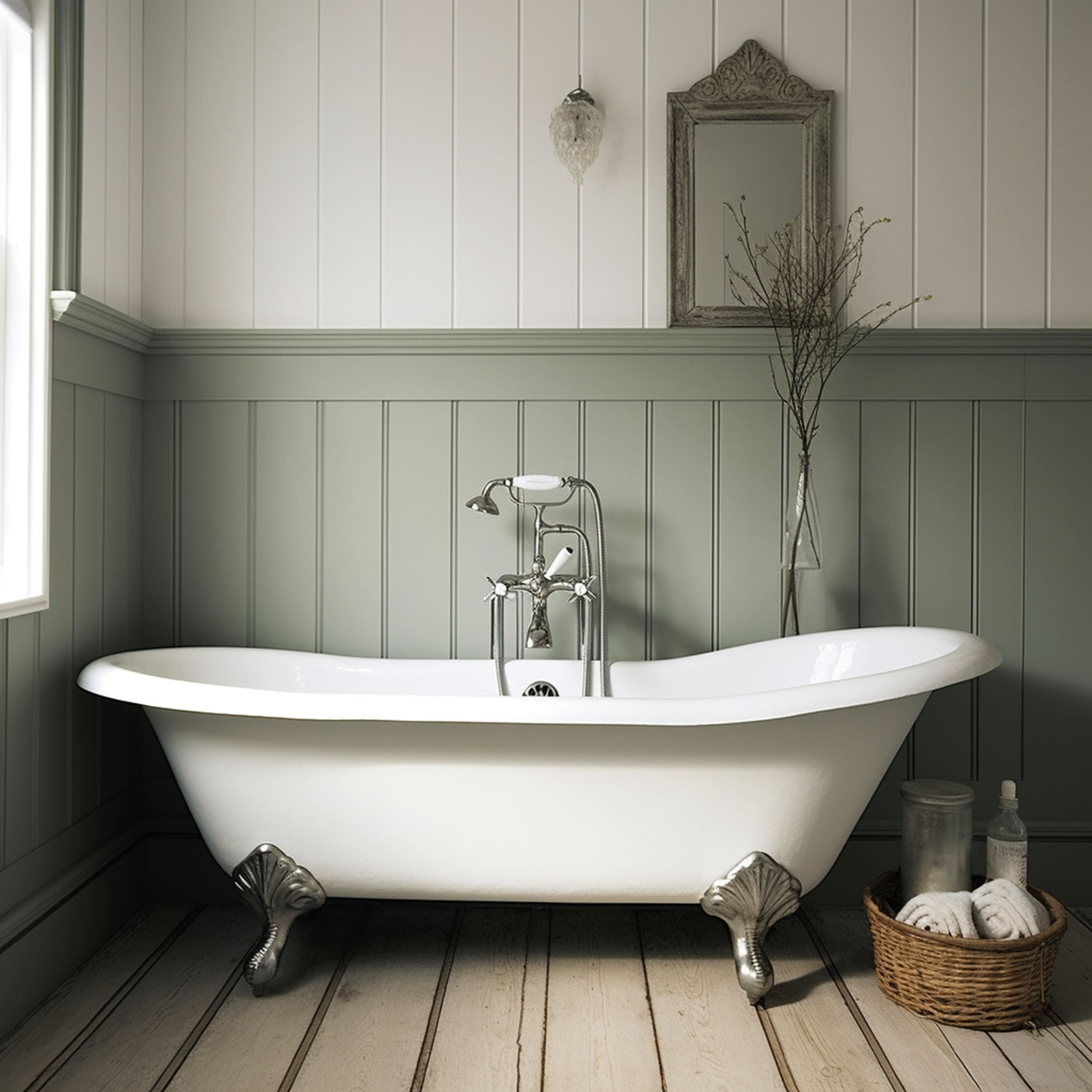 Vintage Bathroom With Large Plank Sage Green Beadboard