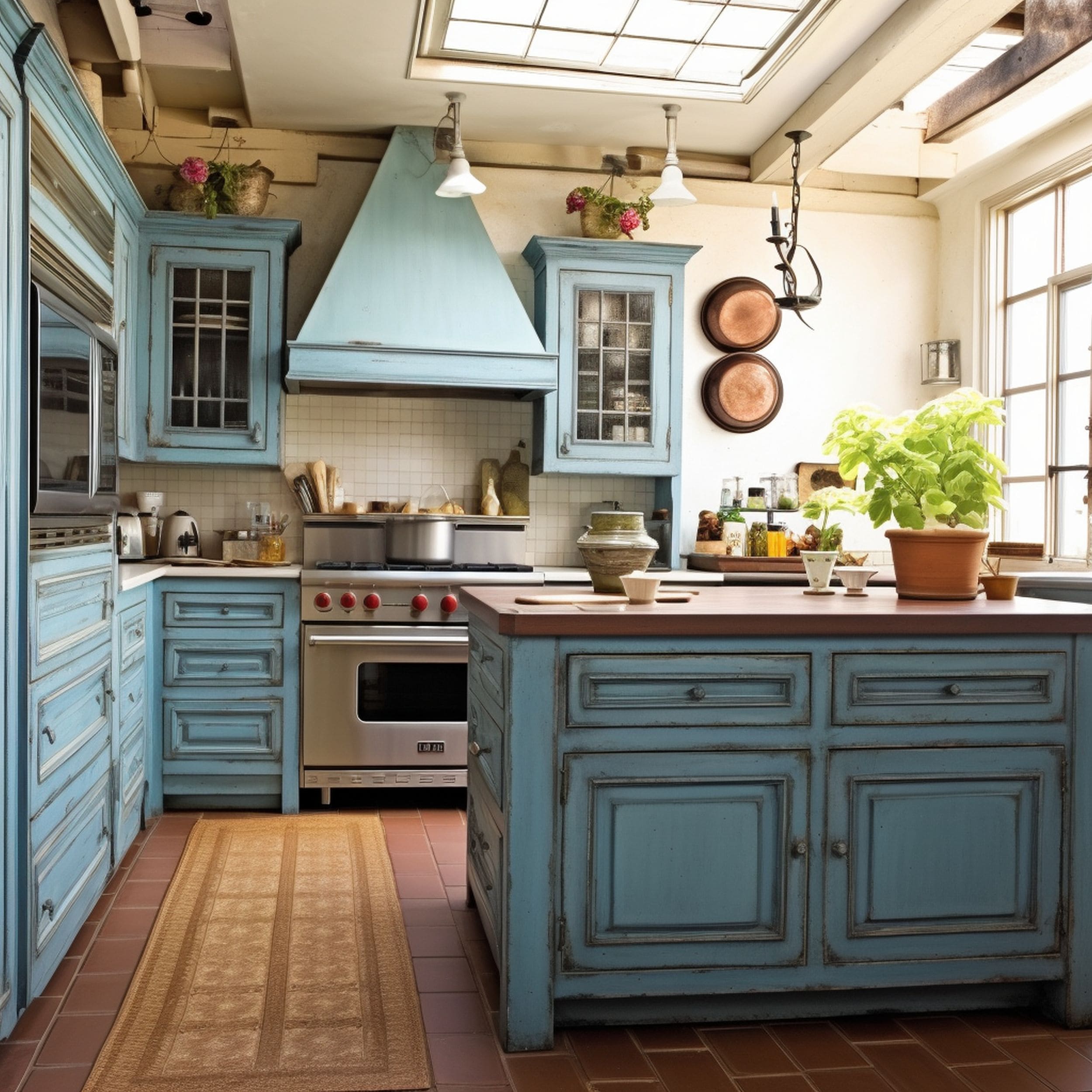 Vintage Kitchen With Blue Distressed Cabinets