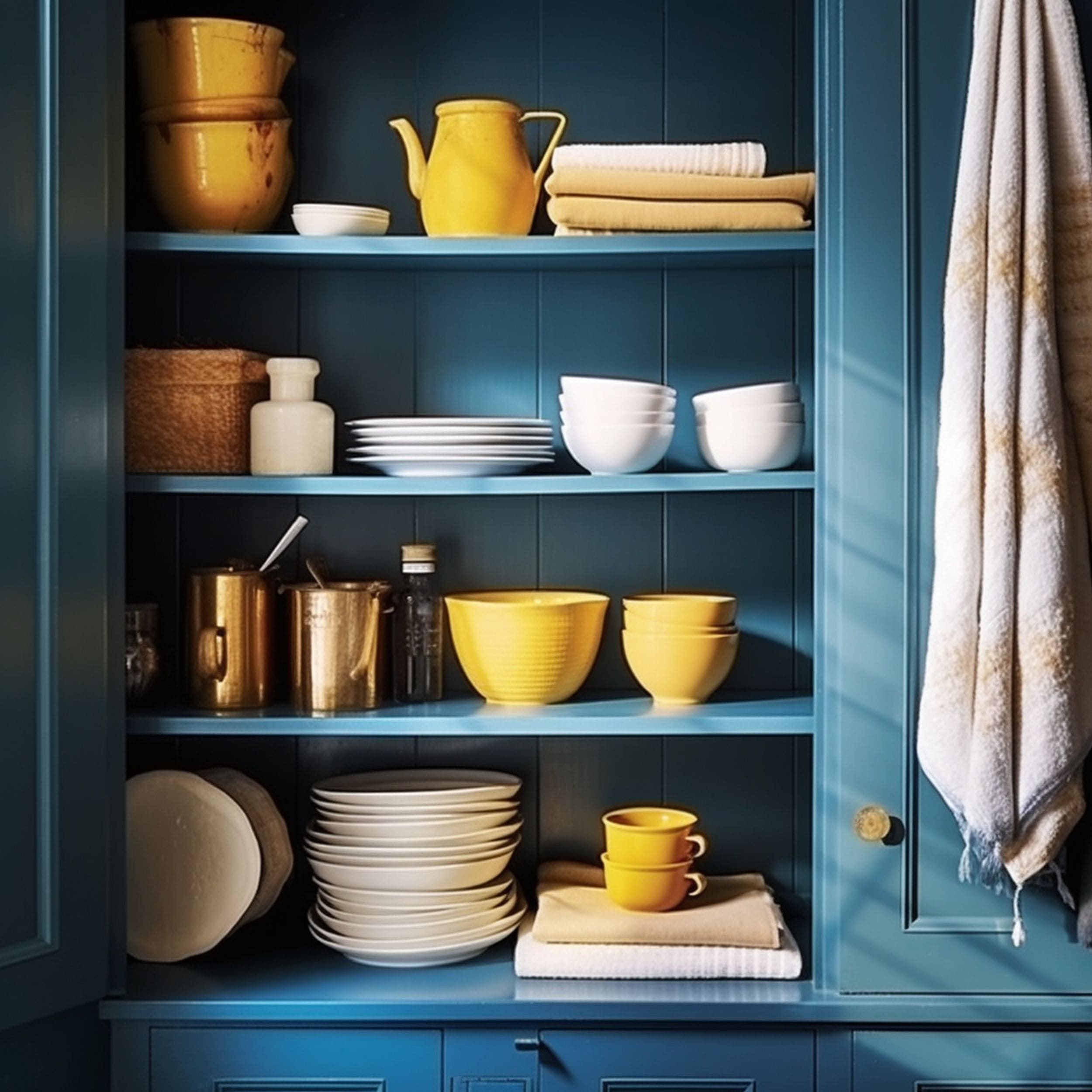 Kitchen Cabinet With Blue Backing