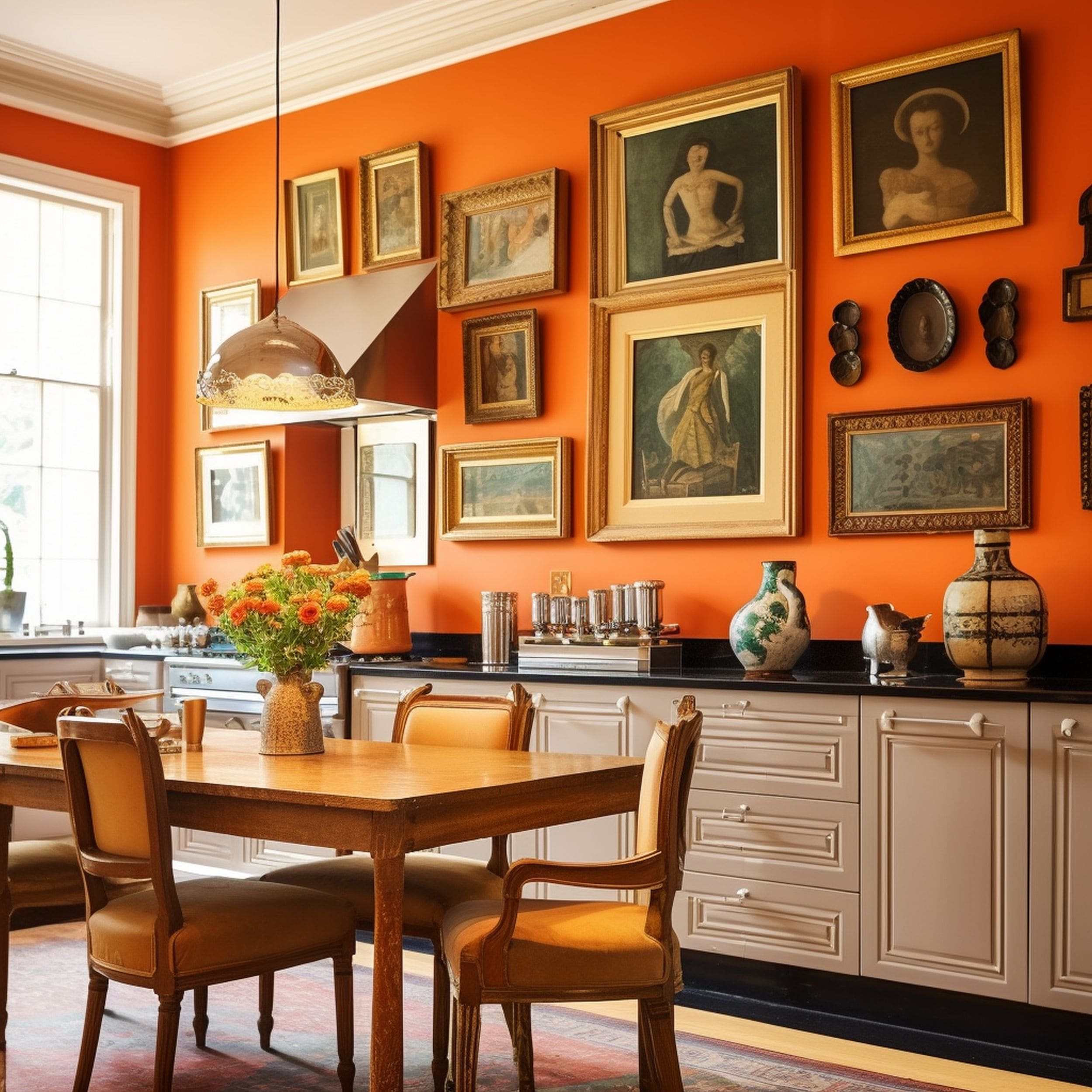 Orange Kitchen Wall Decorated With Antique Artworks