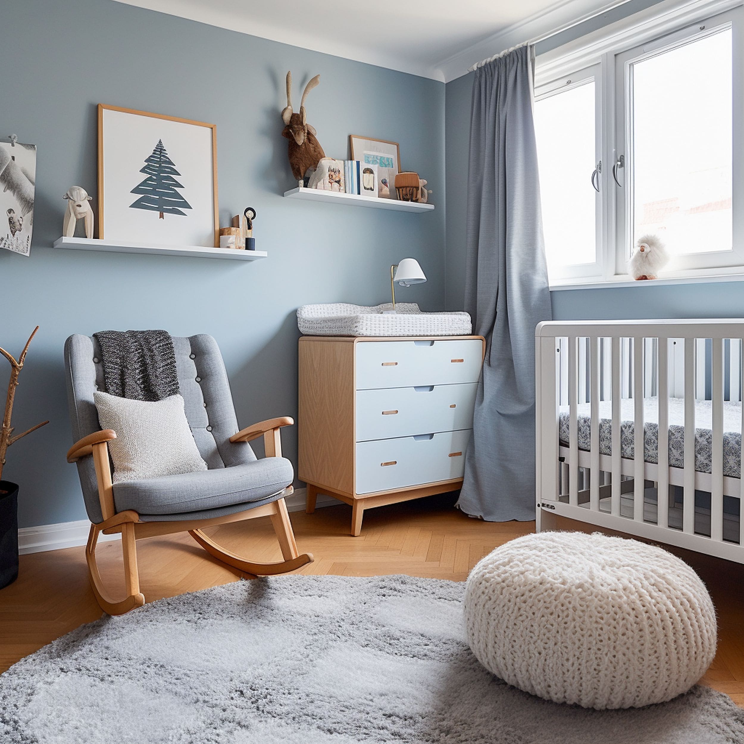Blue Gray Scandinavian Nursery With White Crib