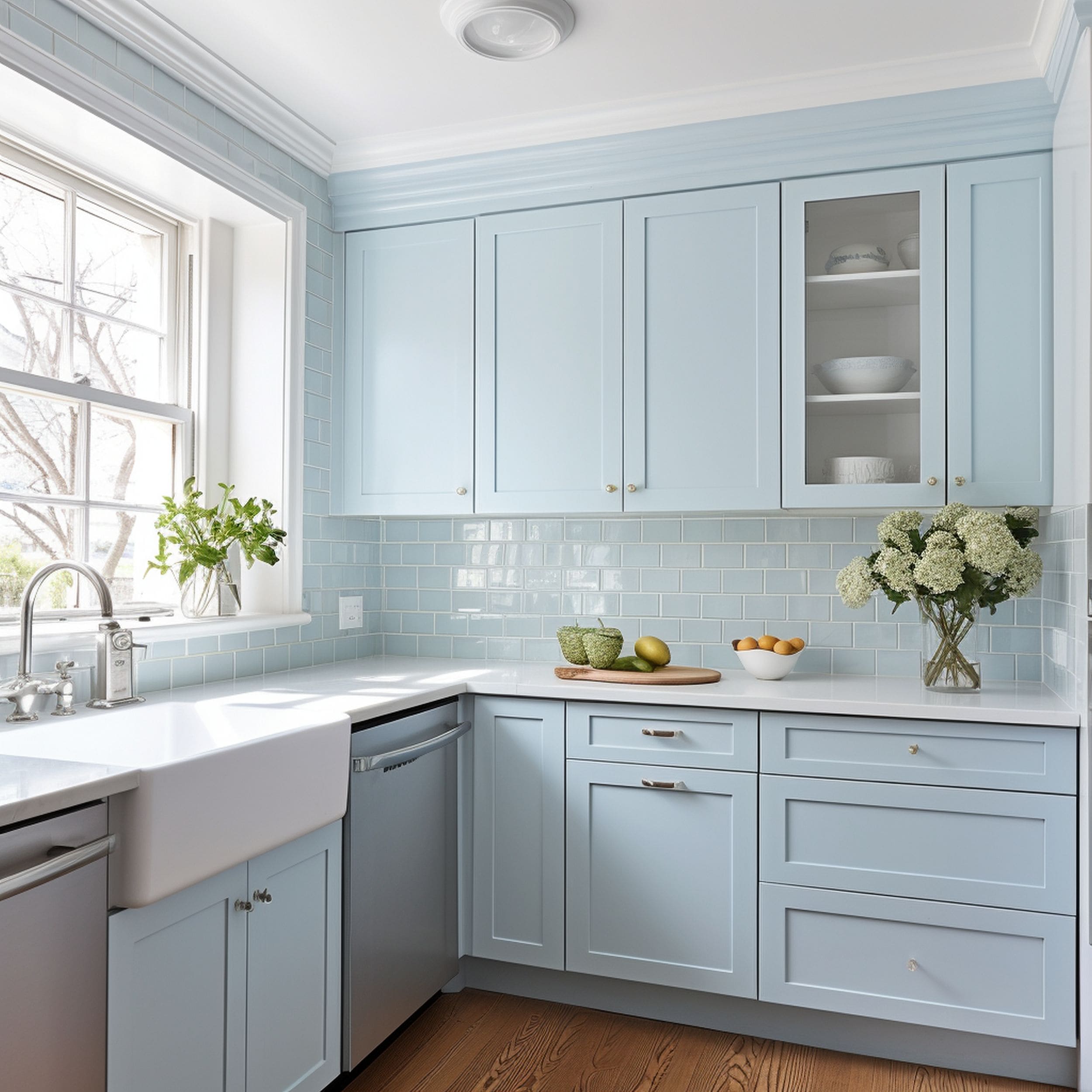 Pale Blue Kitchen With Matching Cabinets and Backsplash