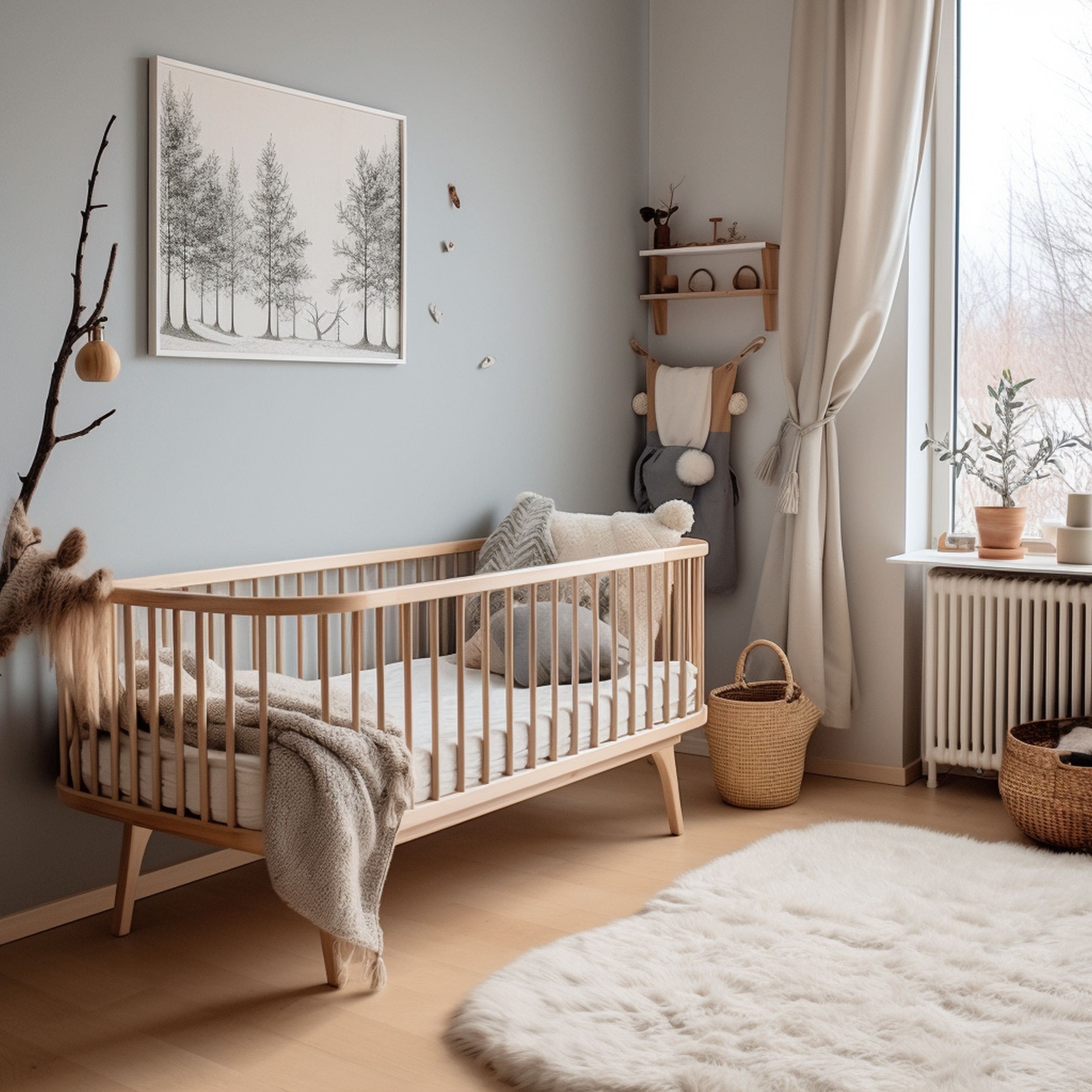 Scandinavian Nursery With Wooden Baby Crib