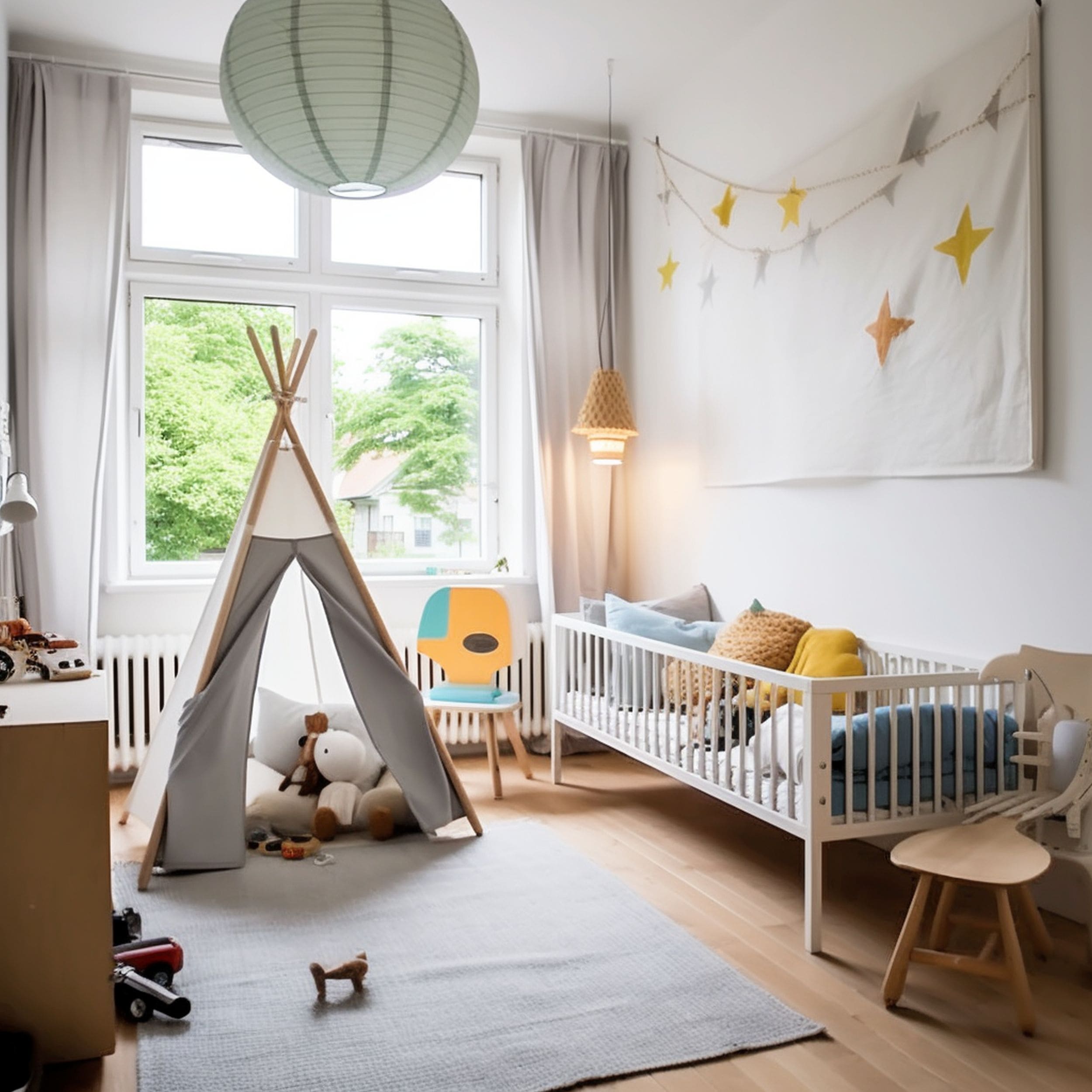 Scandinavian Nursery With Gray Tent And Large Window