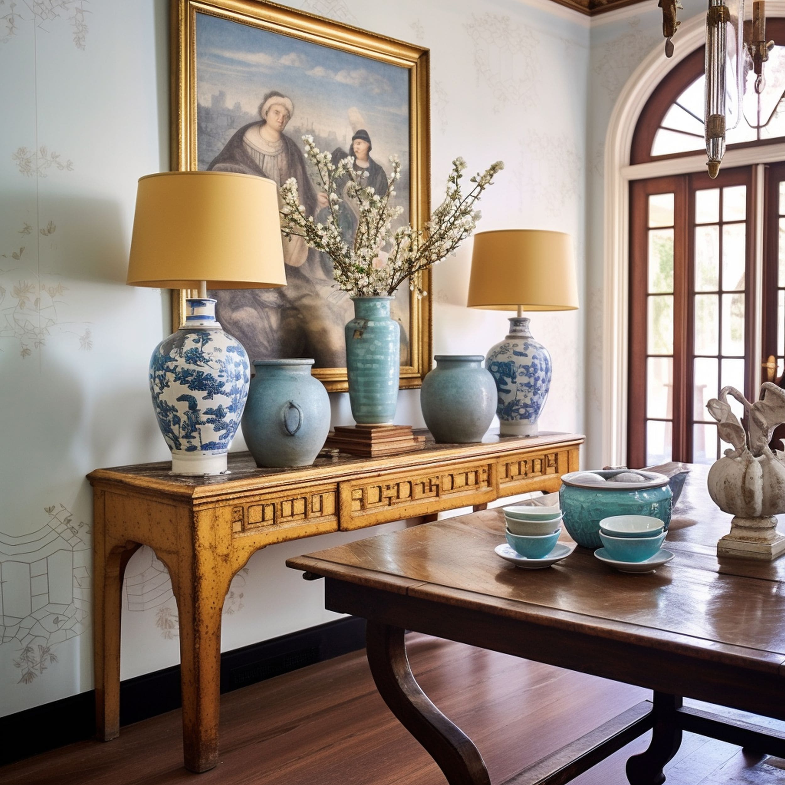 Coastal Dining Room With Antique Pieces