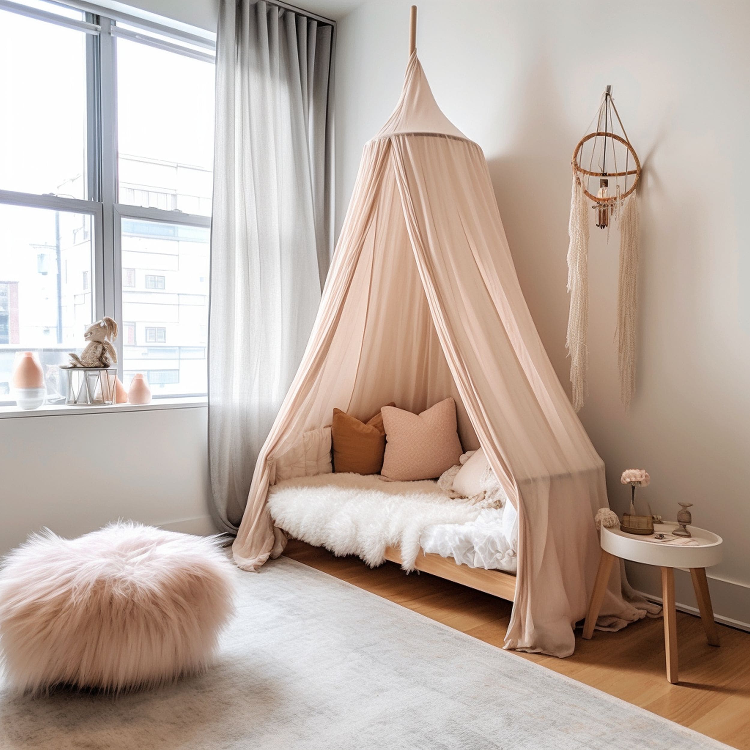 Scandinavian Nursery Featuring Pink Canopy Tent