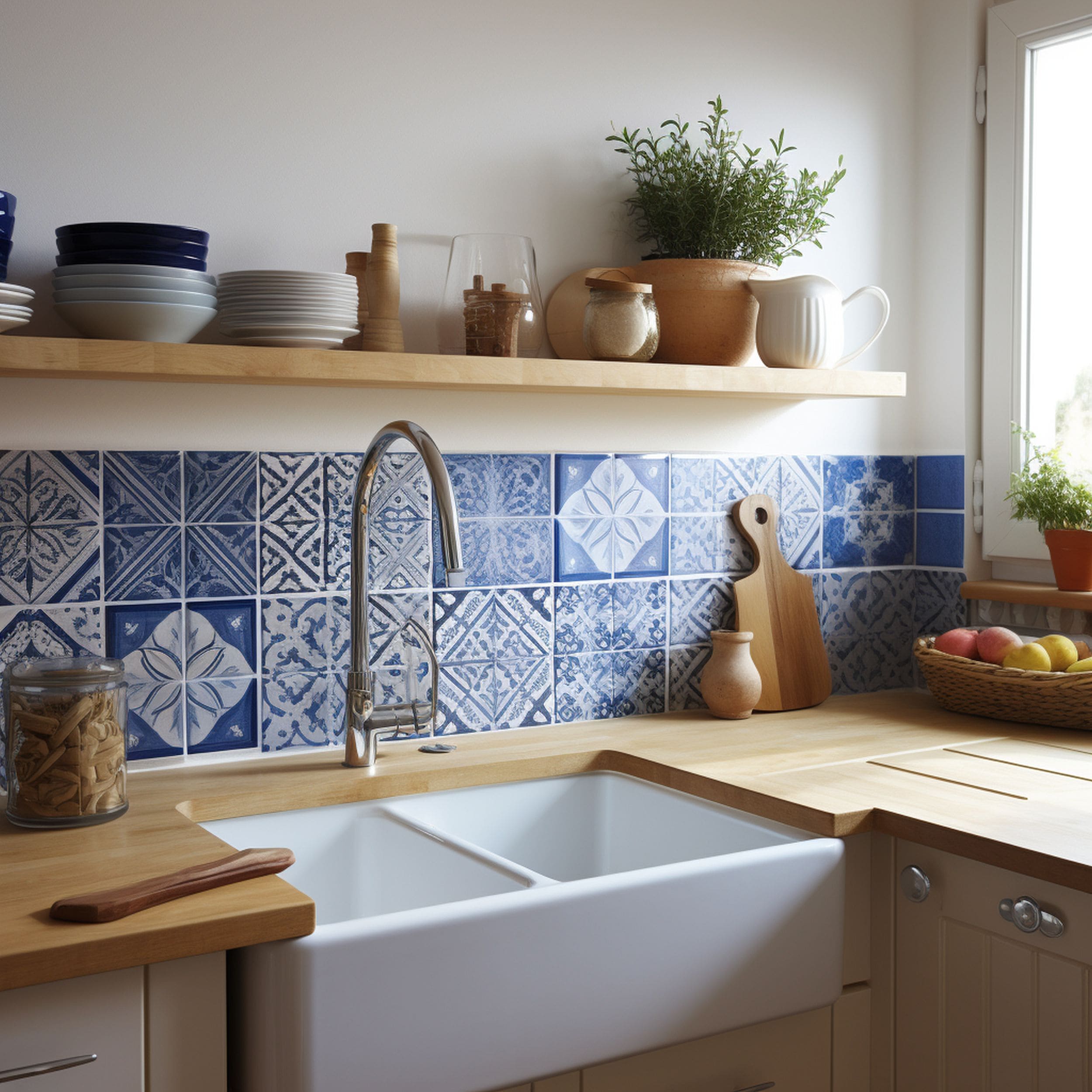 Blue Decorative Tiles in Neutral Kitchen