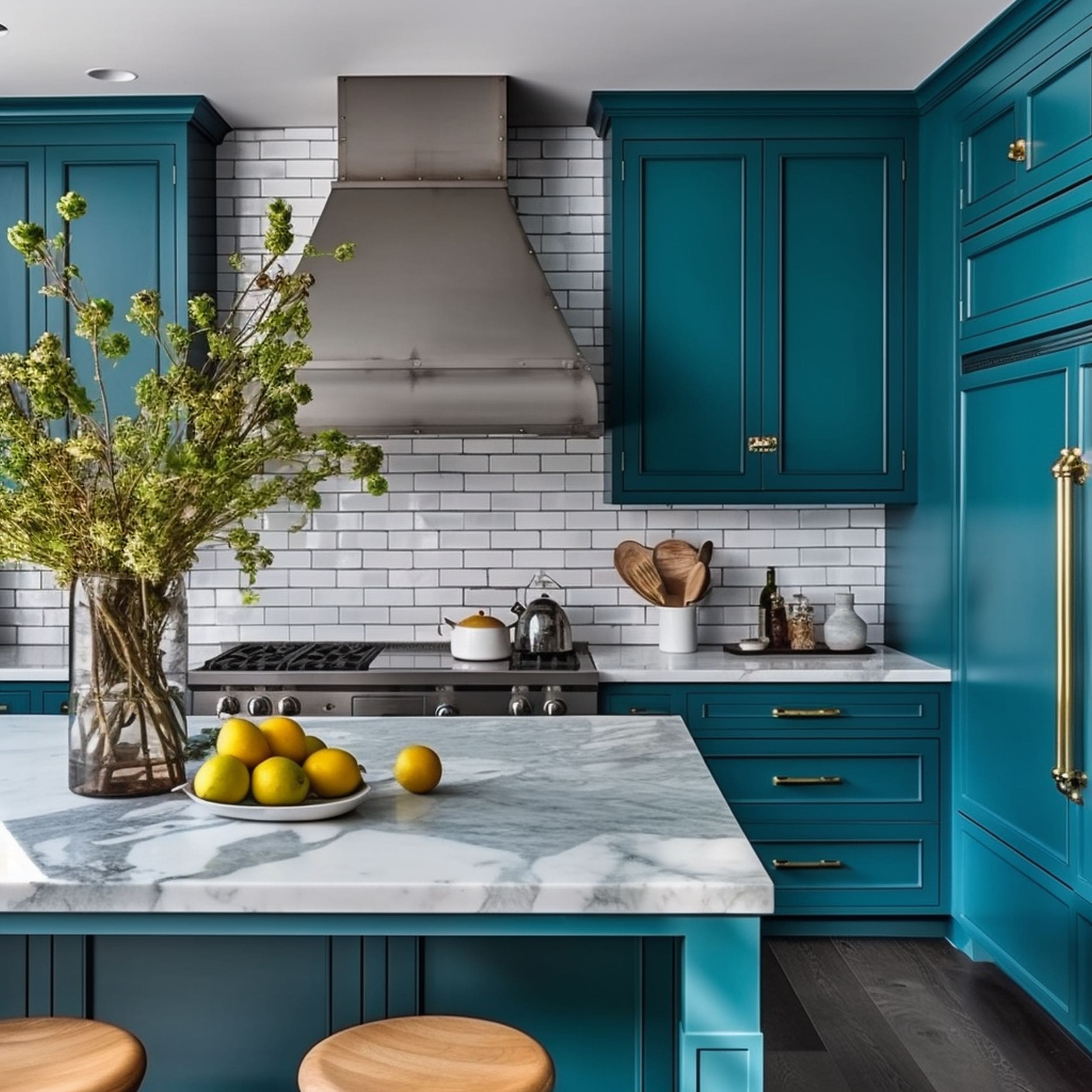 Teal Kitchen With Marble Countertop and Gray Subway Tile Backsplash