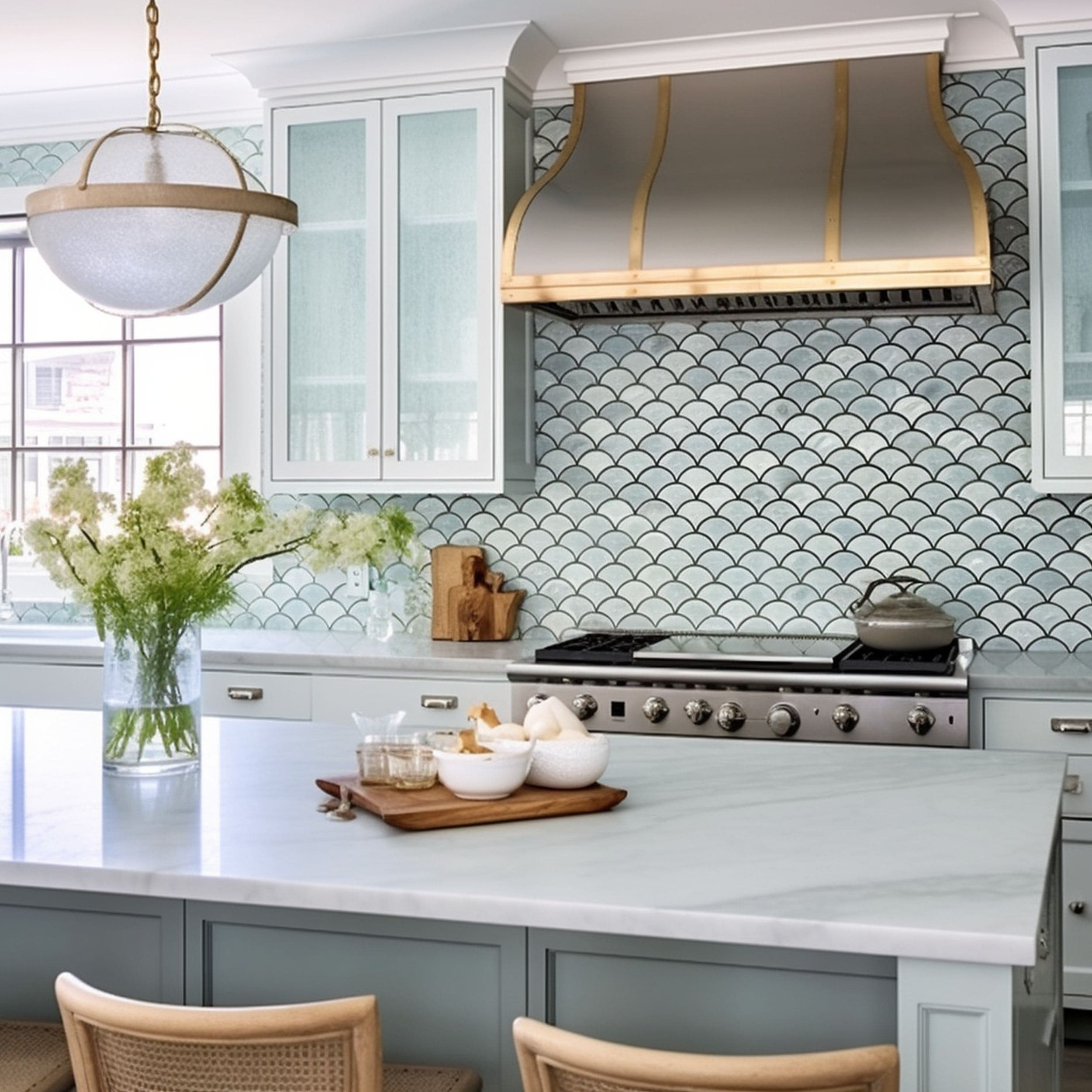Coastal Blue Gray Kitchen With Fish Scale Patterned Backsplash