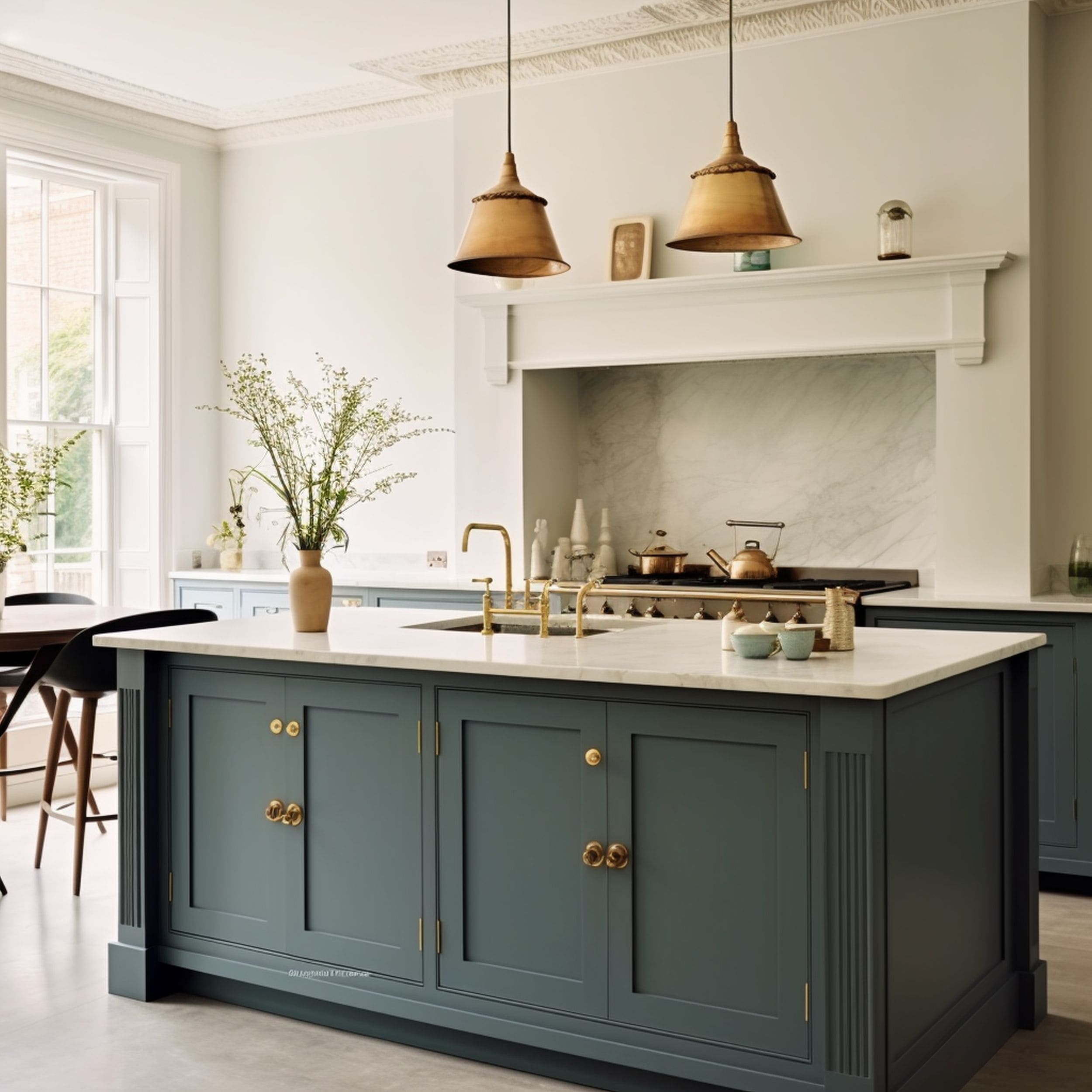 Muted Blue Kitchen With Brass Accents