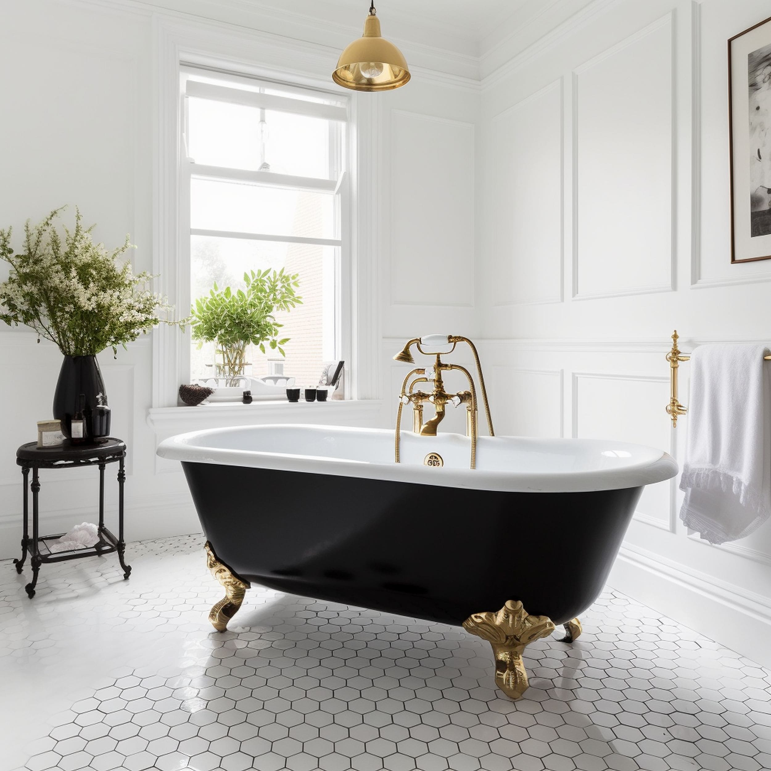 Cast Iron Bathtub With Gold Accents in White Bathroom