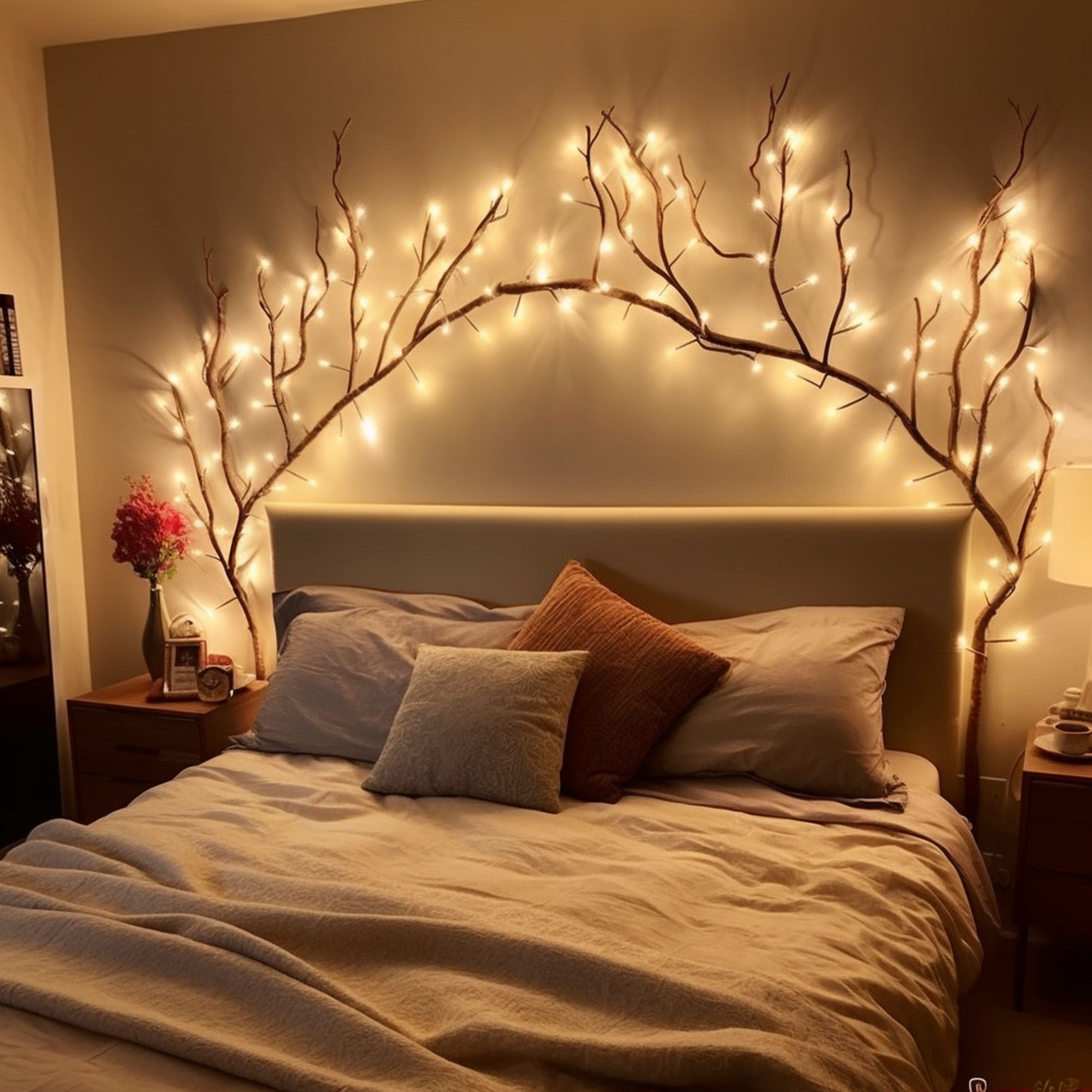 Decorative LED Branches Above the Bed