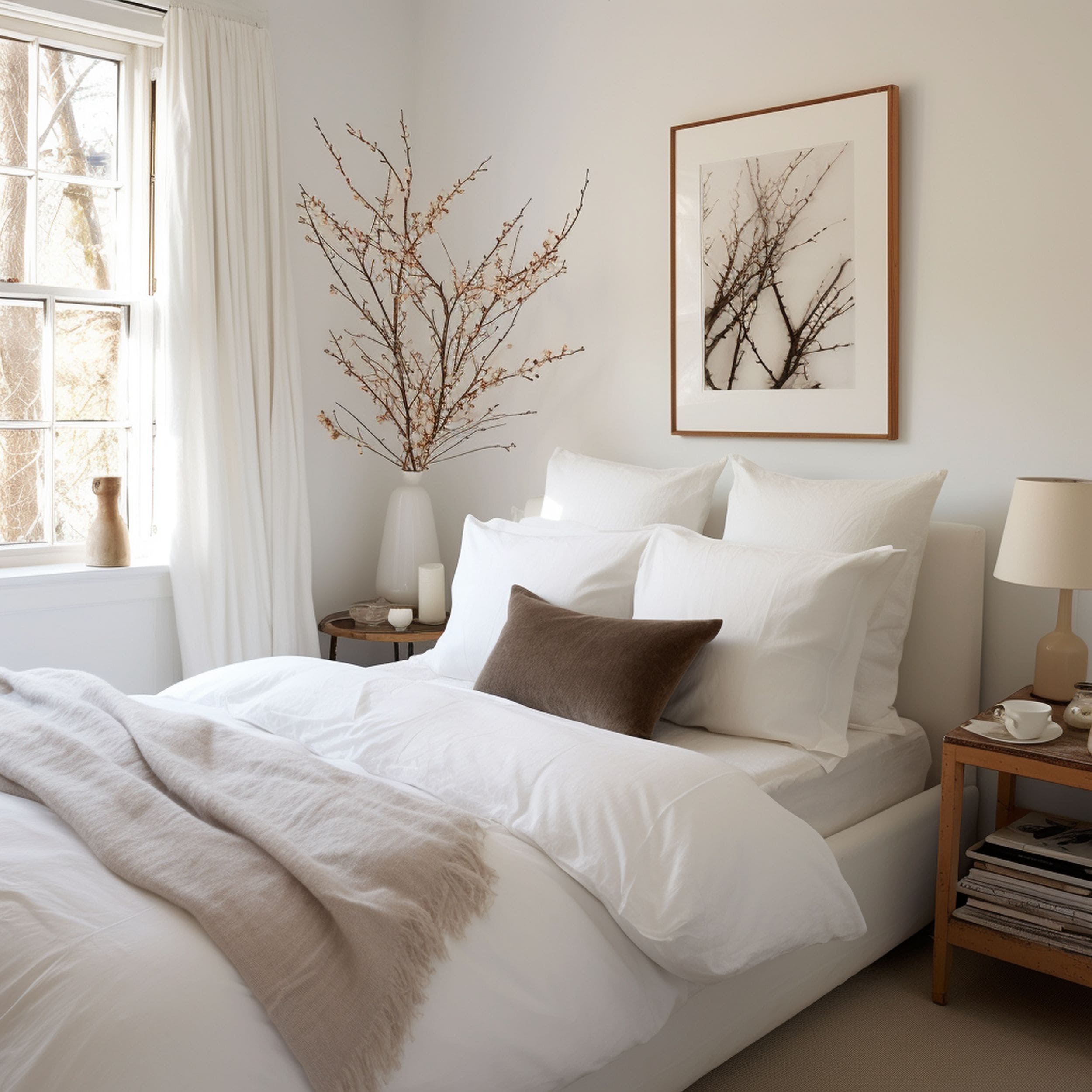Cozy White Bedroom With Brown Accents