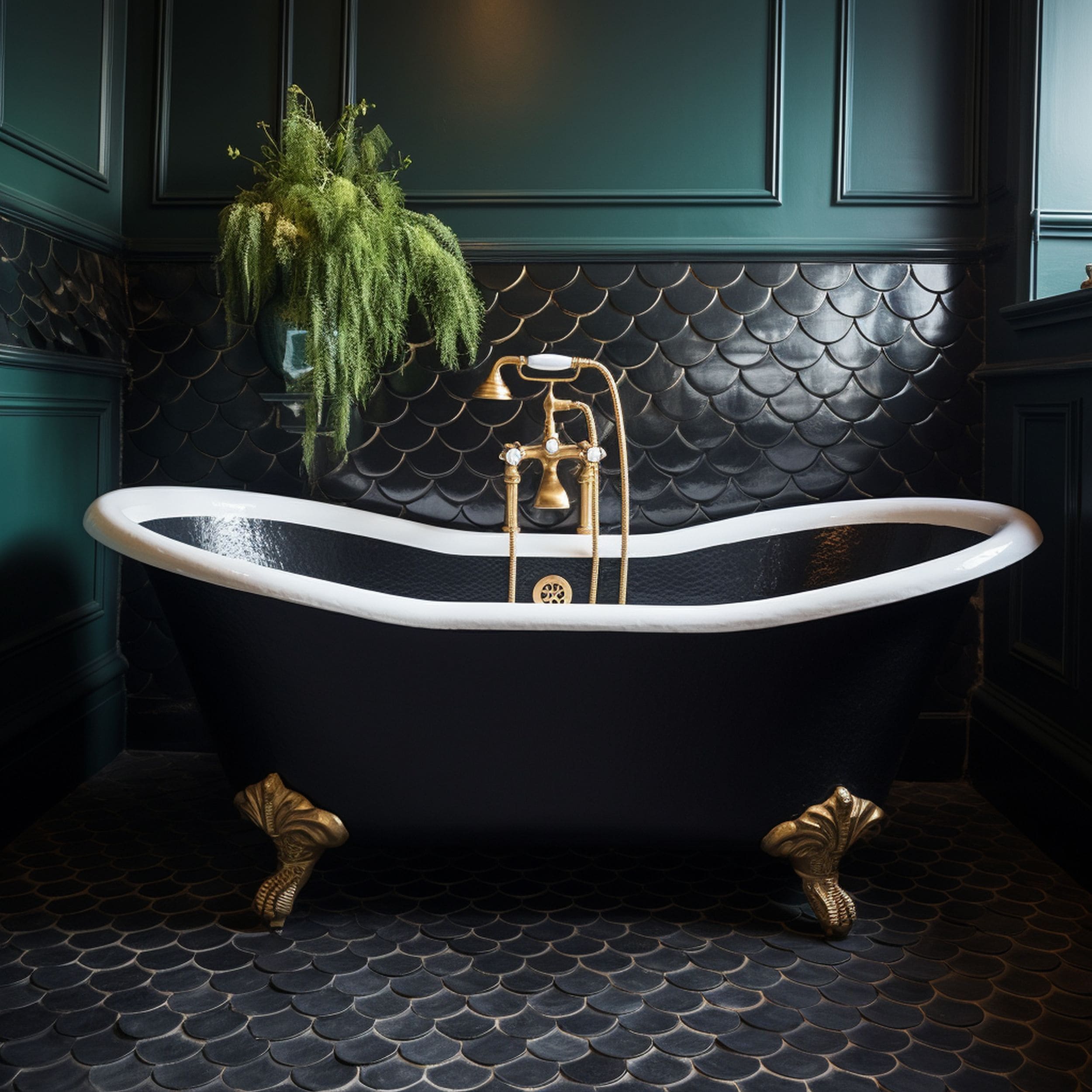 Cast Iron Bathtub in Elegant Bathroom With Fish Scale Flooring Pattern