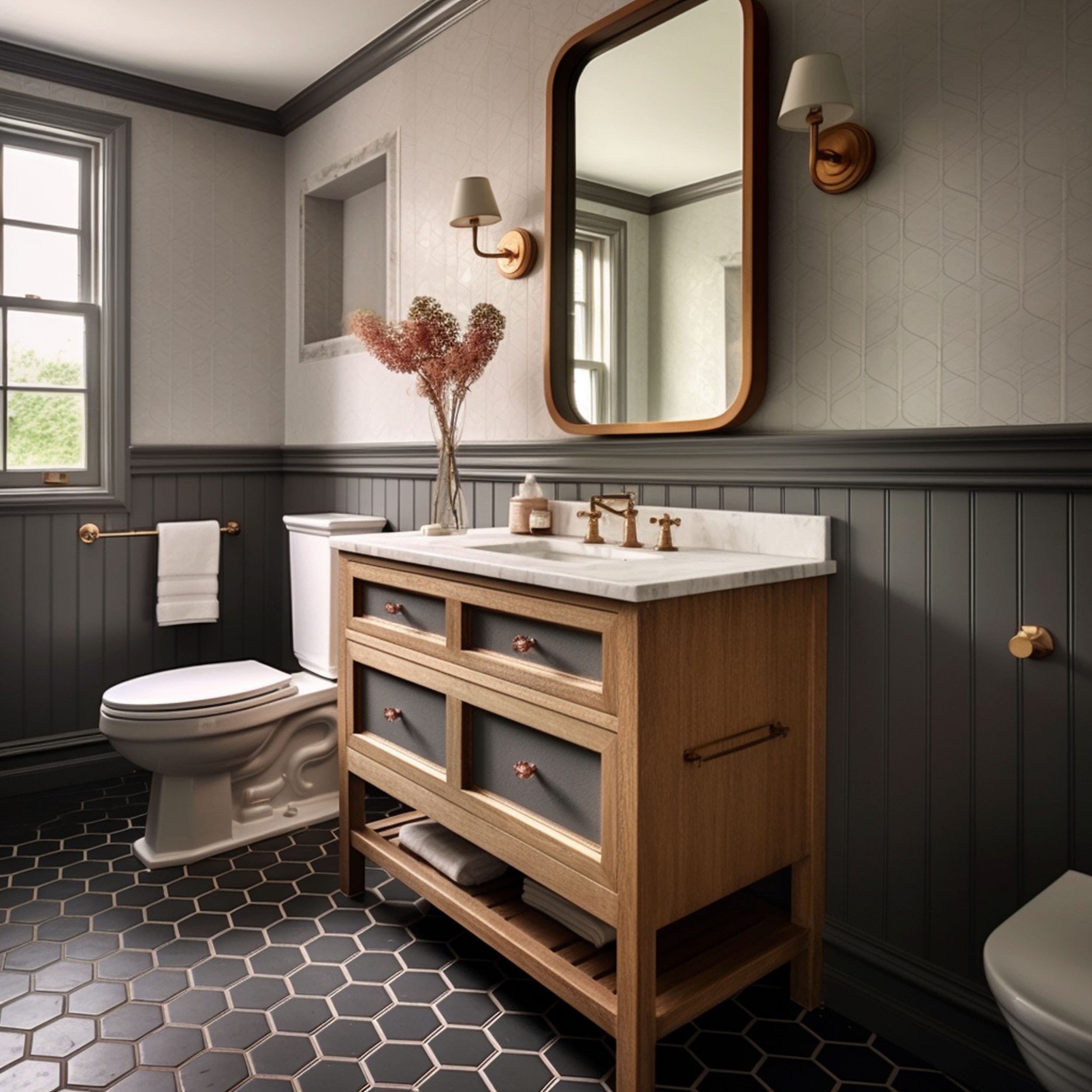 Beadboard Bathroom With Geometric Patterns